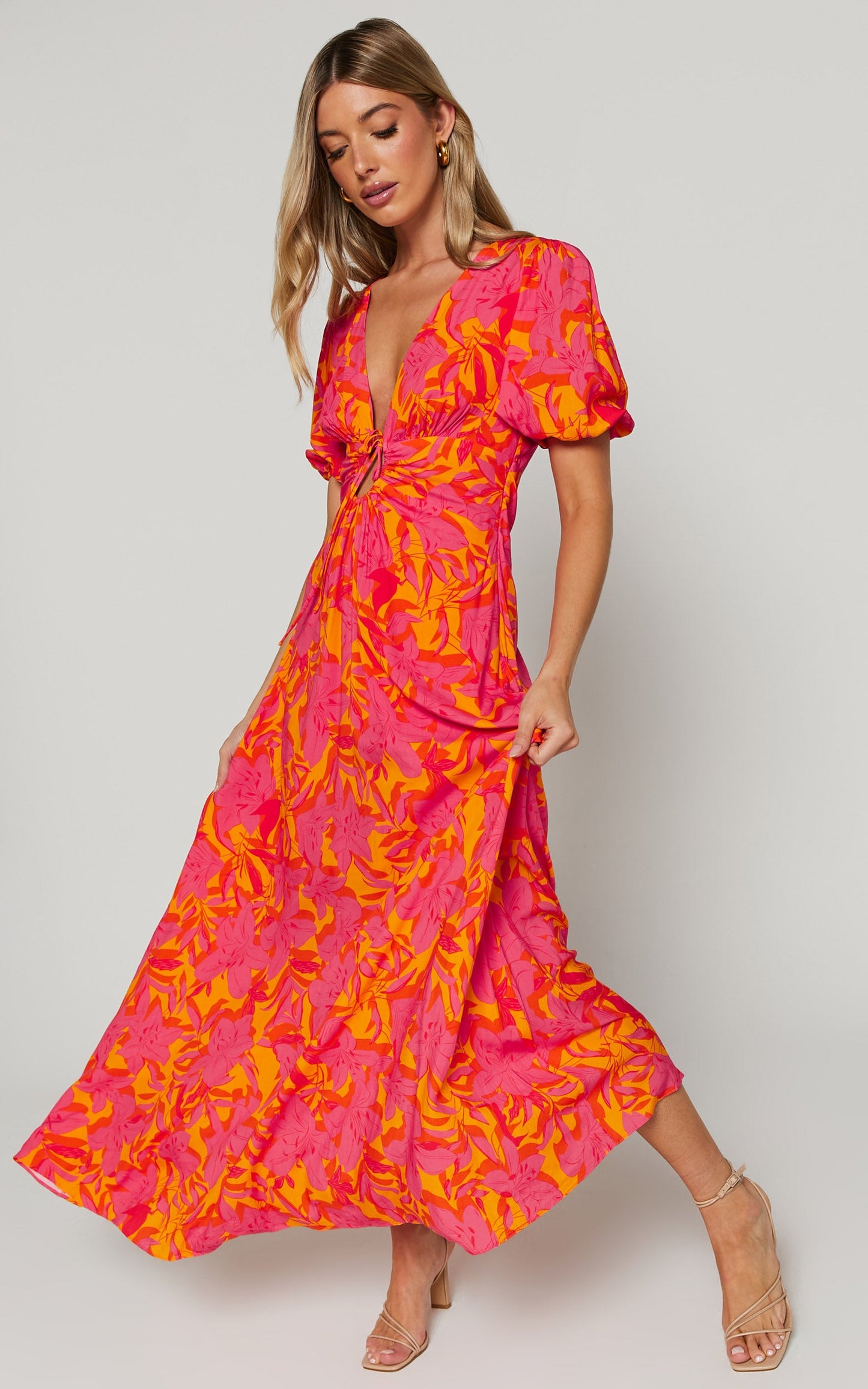 Roshanna Midi Dress - Cut Front Puff Sleeve Dress in Orange Floral
