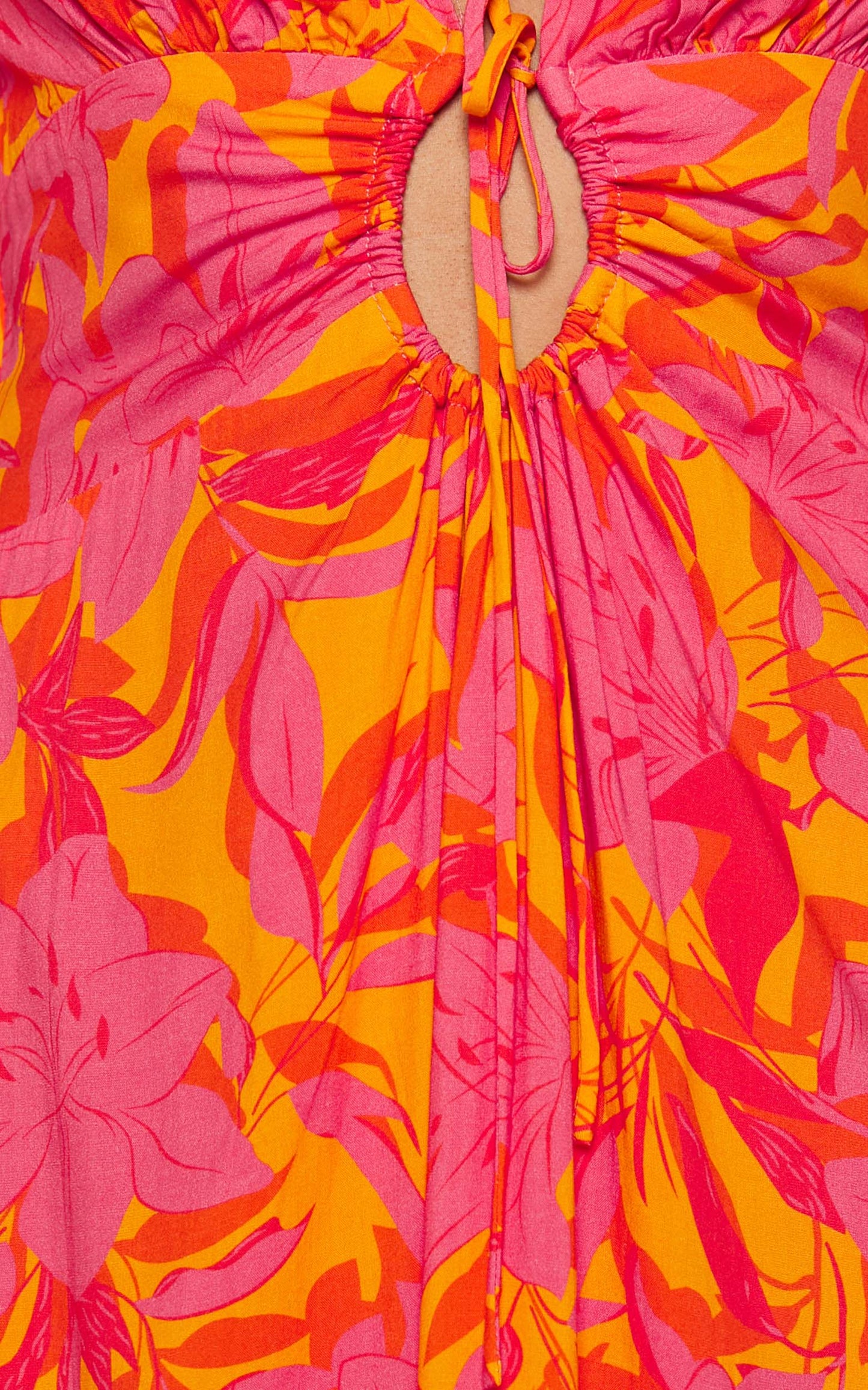 Roshanna Midi Dress - Cut Front Puff Sleeve Dress in Orange Floral