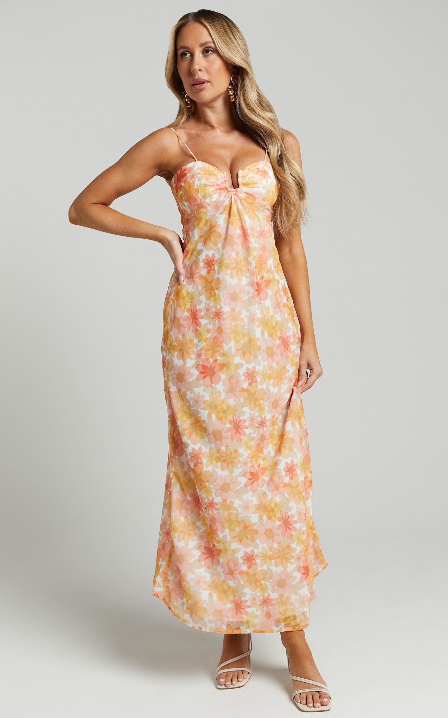 Rosiemar Midi Dress - Cut Out Front Sleeveless Dress in Lemon Floral