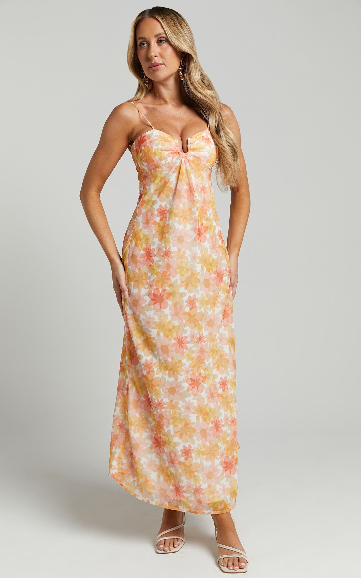 Rosiemar Midi Dress - Cut Out Front Sleeveless Dress in Lemon Floral