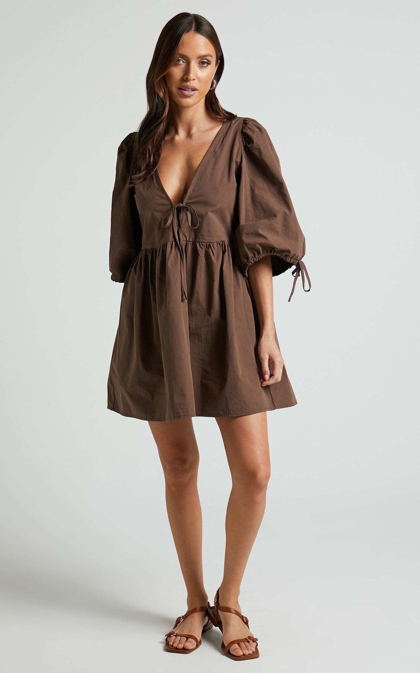 Rosita Mini Dress - Tie Front Puff Sleeve Dress in Chocolate