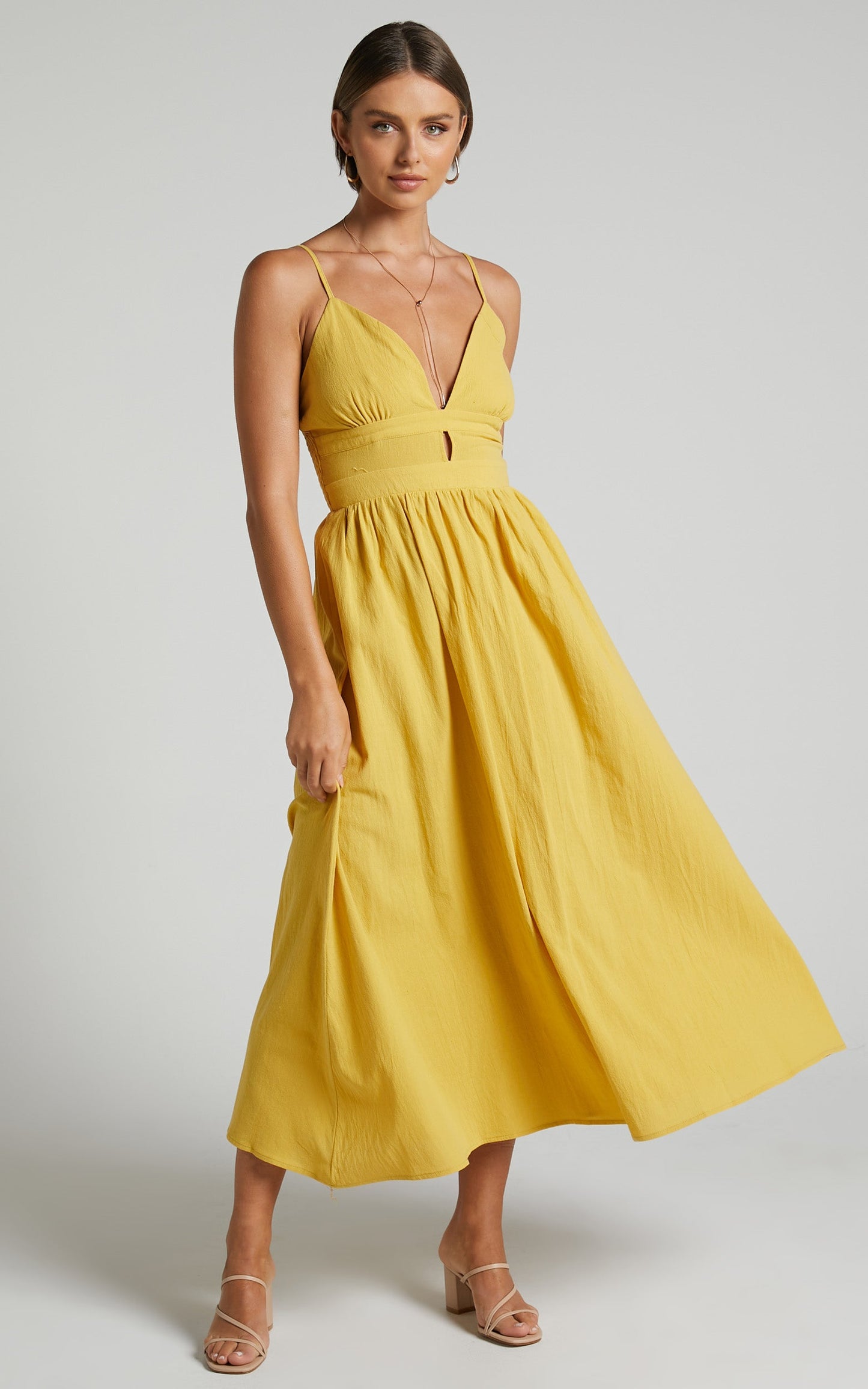 Roskana Midi Dress - Plunge Fit and Flare Dress in Mustard