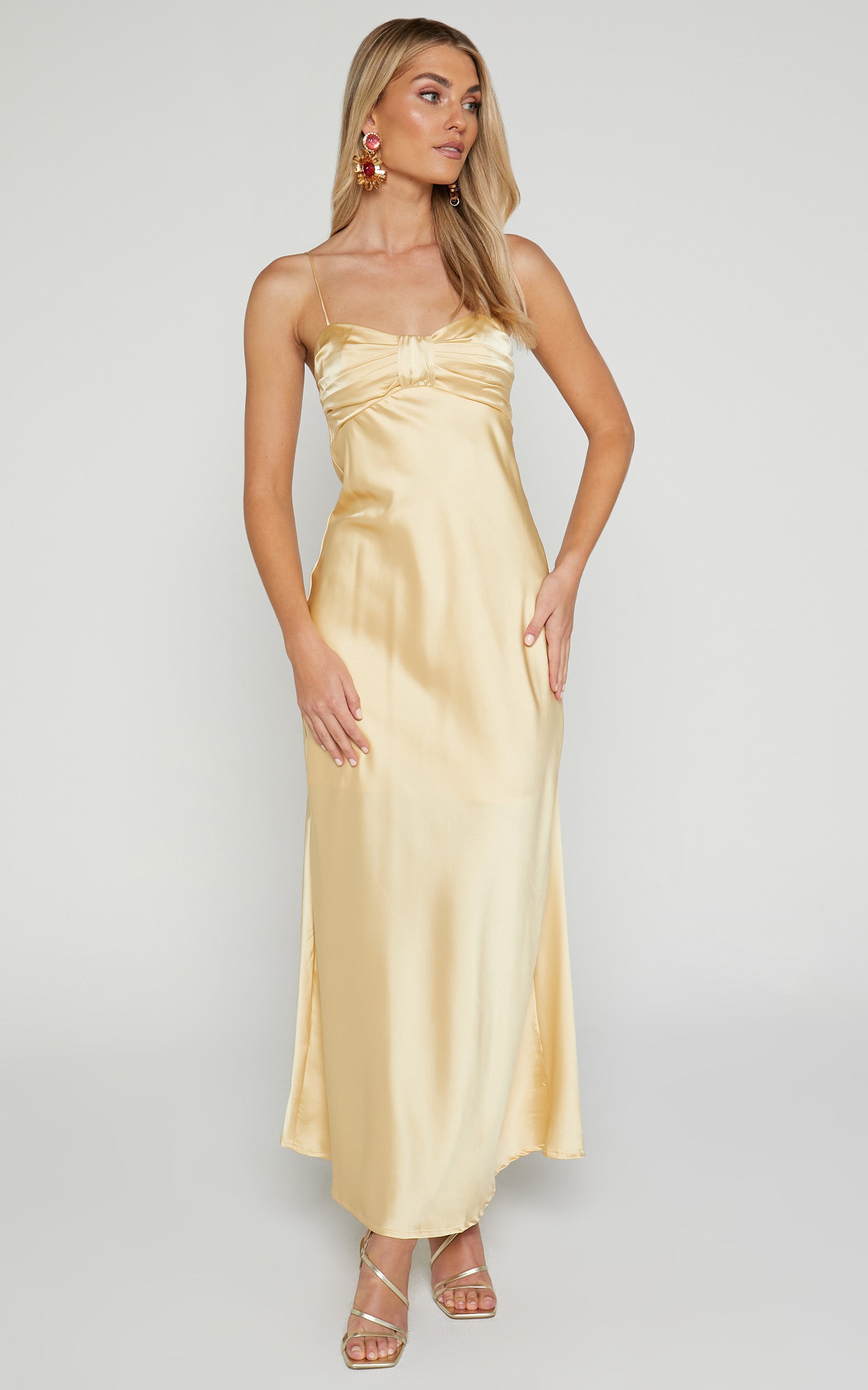 Rosseth Midi Dress - Ruched Chest Sleeveless Dress in Lemon