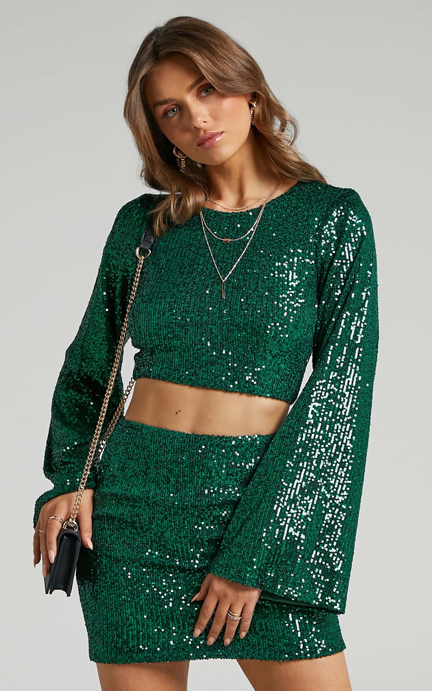 Roxanne Top - Flared Sleeve Crop Top in Emerald Sequin