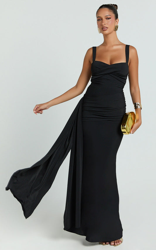 Roxanne Maxi Dress - Sweetheart Neck Gathered Bodycon Dress in Black