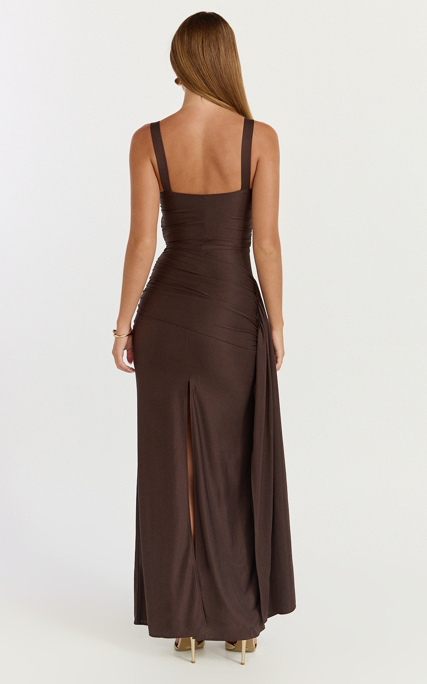 Roxanne Maxi Dress - Sweetheart Neck Gathered Bodycon Dress in Chocolate