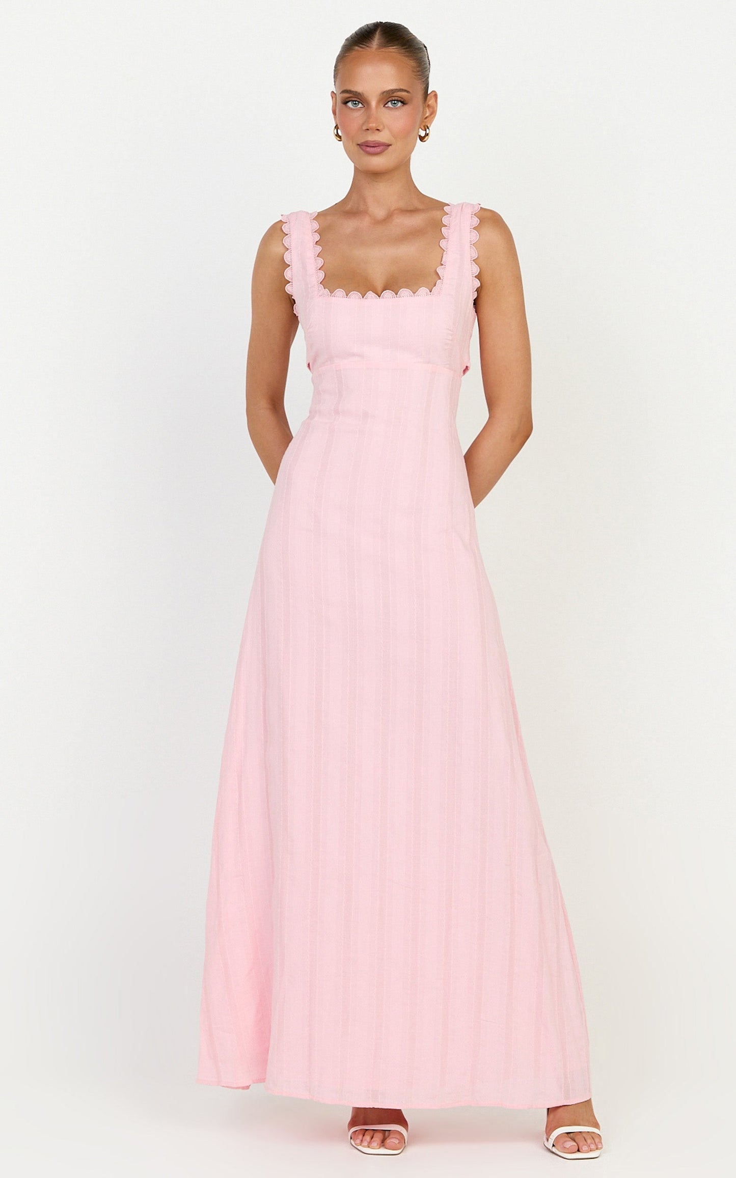 Roxanne Midi Dress - Square Neck Fit And Flare Dress in Pink