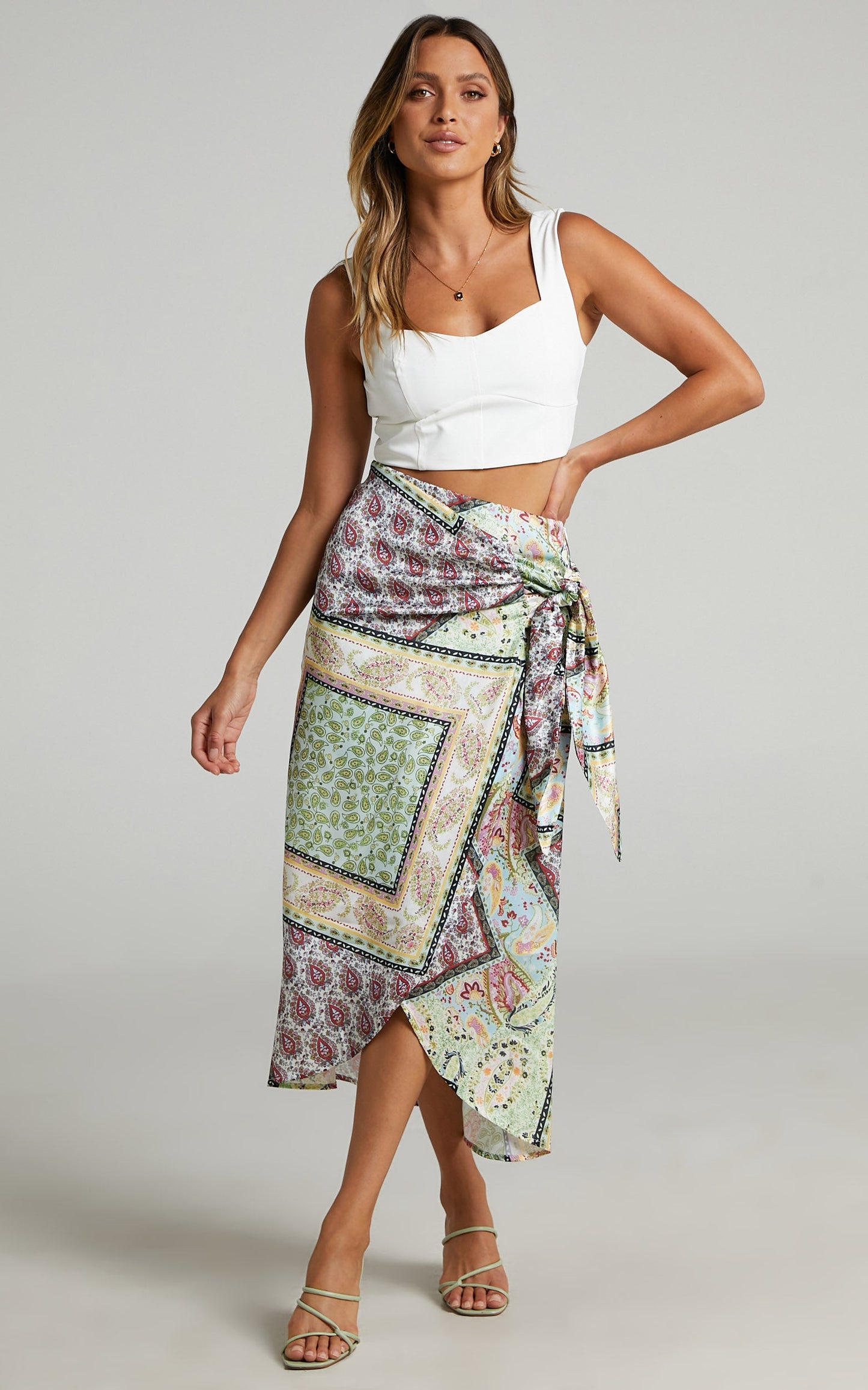 Roxine Knot Front Wrap Midi Skirt in Paisley Print
