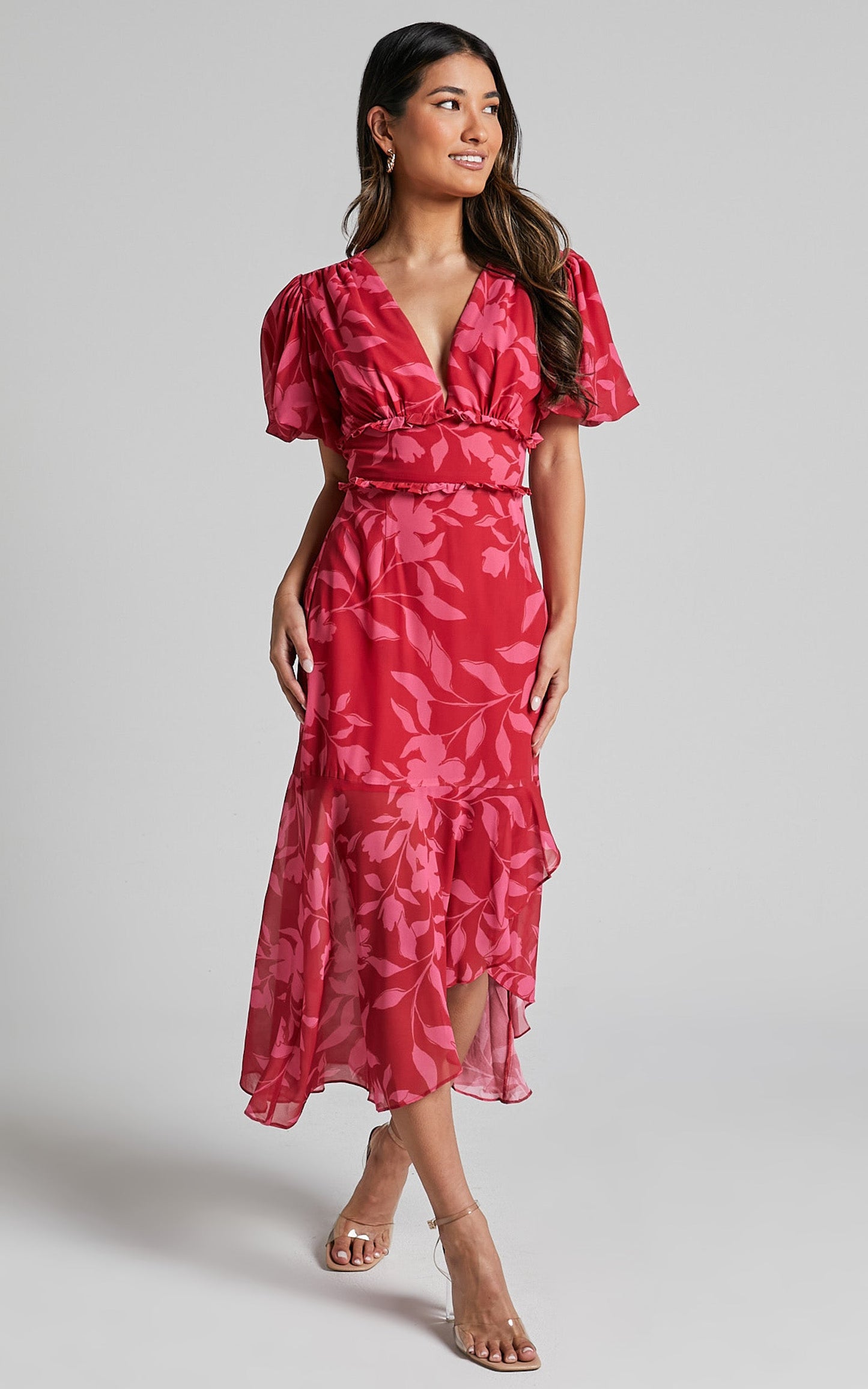 Rozannie Midi Dress - V Neck Puff Sleeve Frill Hem Dress in Havana Silhouette floral