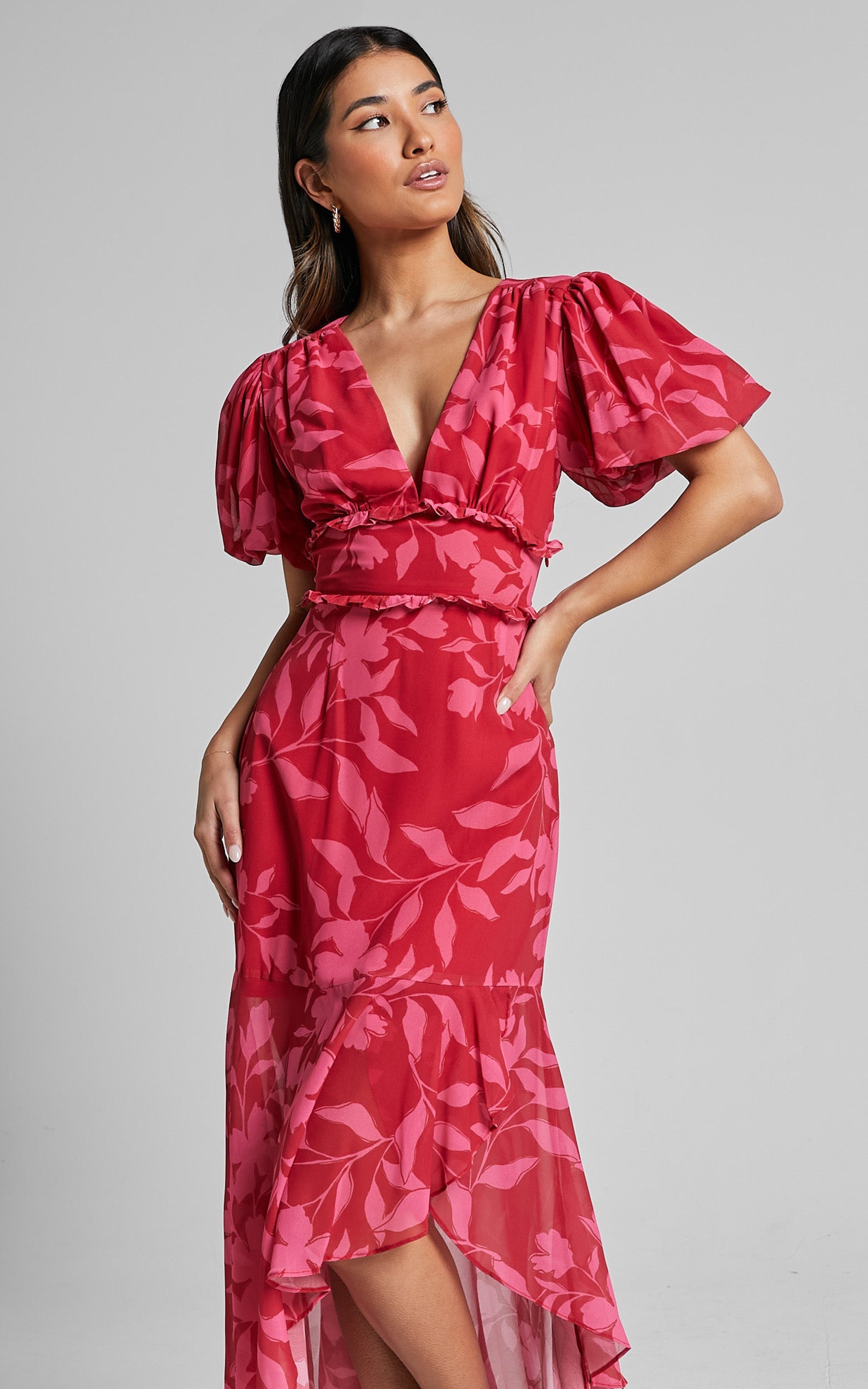 Rozannie Midi Dress - V Neck Puff Sleeve Frill Hem Dress in Havana Silhouette floral