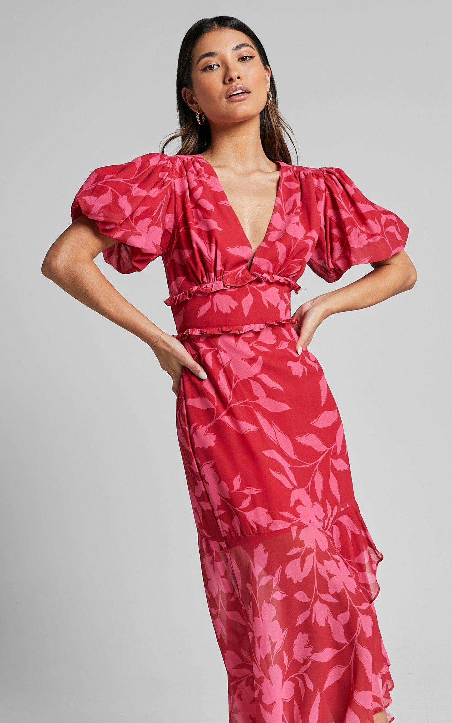 Rozannie Midi Dress - V Neck Puff Sleeve Frill Hem Dress in Havana Silhouette floral