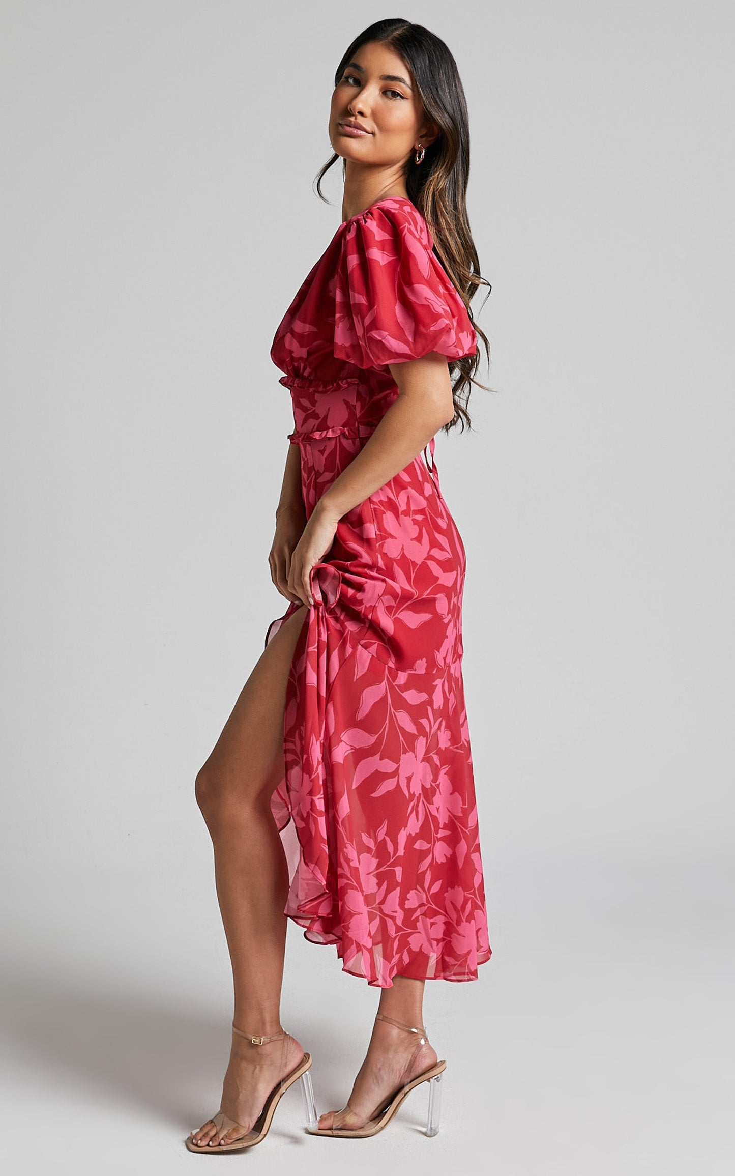 Rozannie Midi Dress - V Neck Puff Sleeve Frill Hem Dress in Havana Silhouette floral