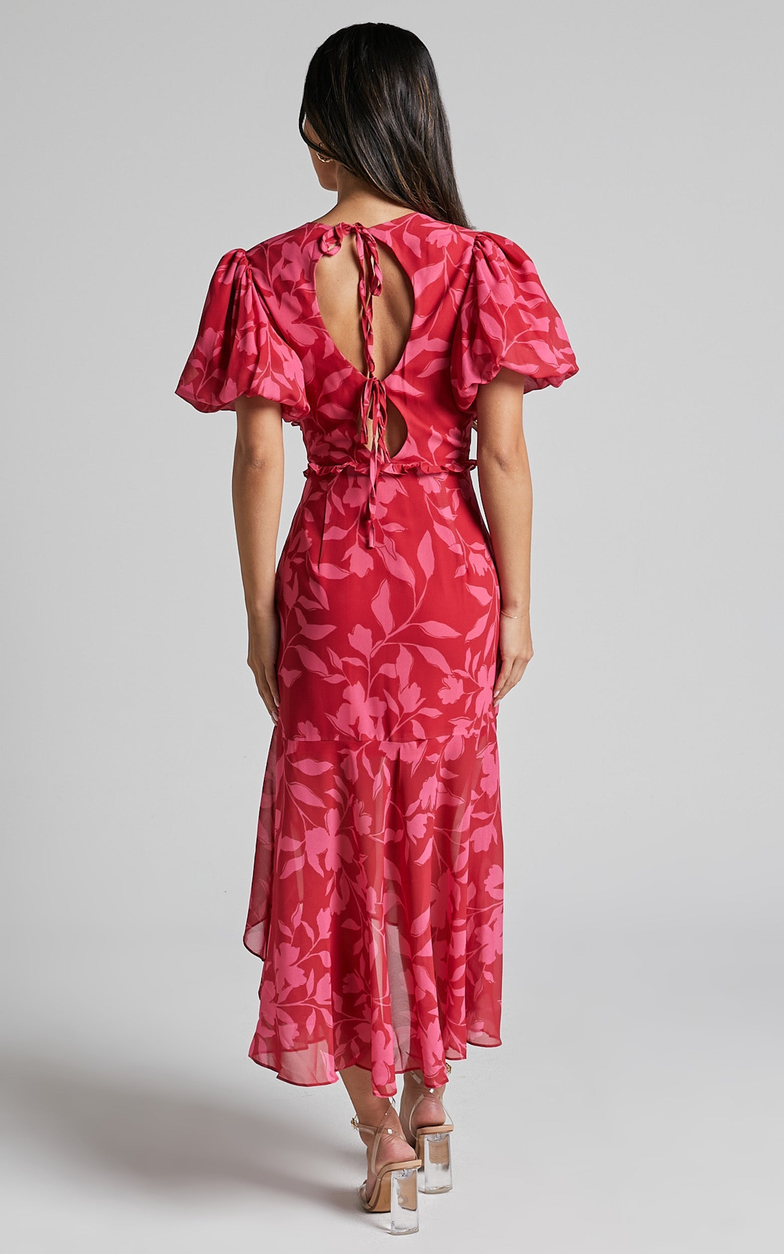 Rozannie Midi Dress - V Neck Puff Sleeve Frill Hem Dress in Havana Silhouette floral
