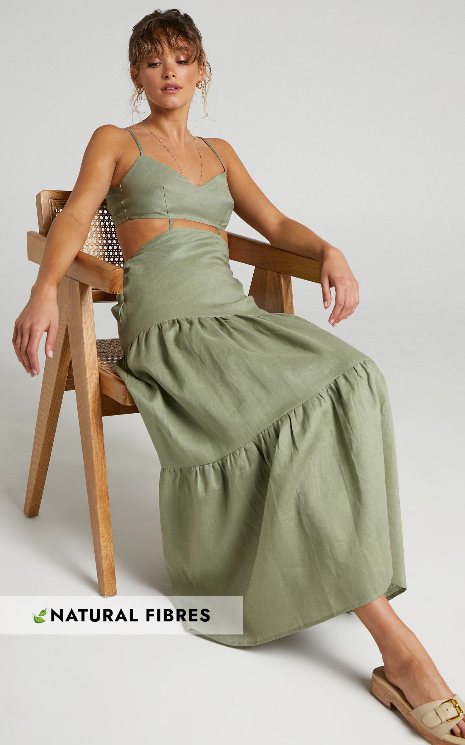 Amalie The Label - Rozelle Linen Cut Out Tie Back Maxi Linen Dress in Sage