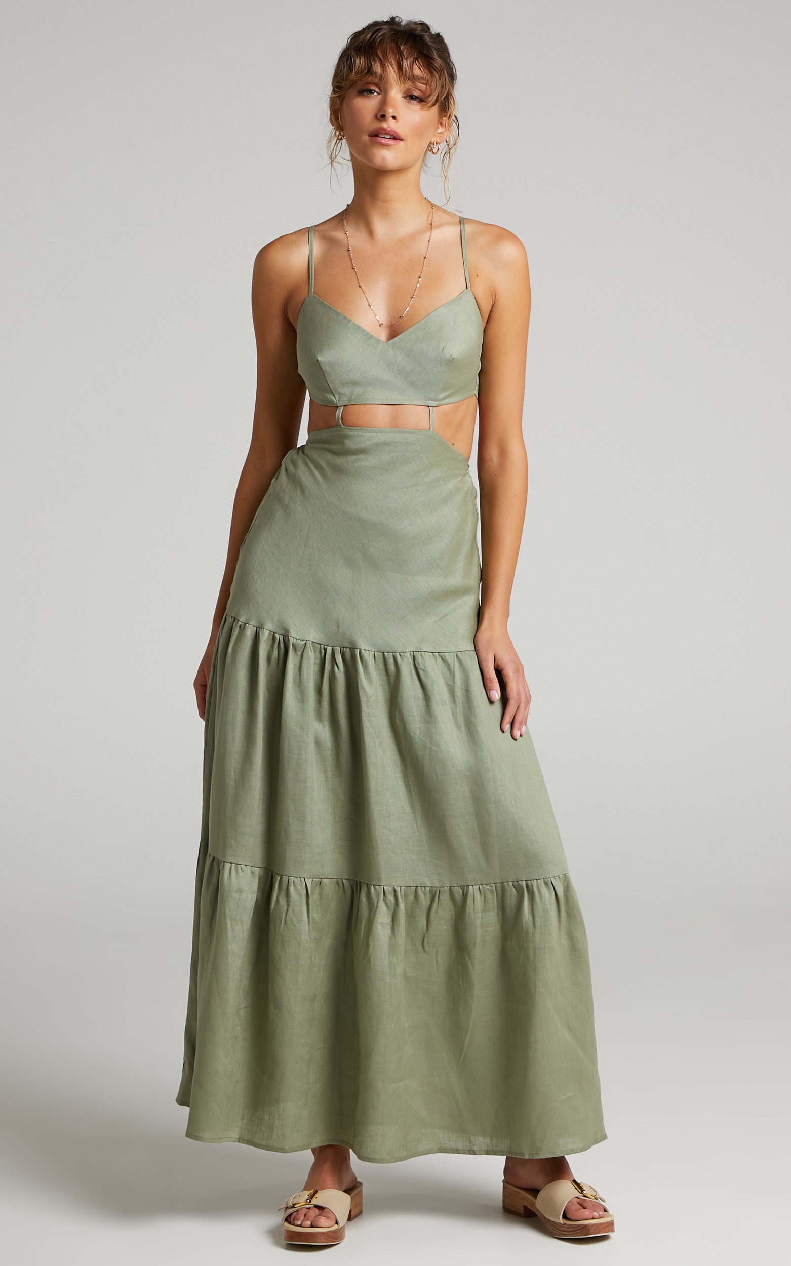 Amalie The Label - Rozelle Linen Cut Out Tie Back Maxi Linen Dress in Sage