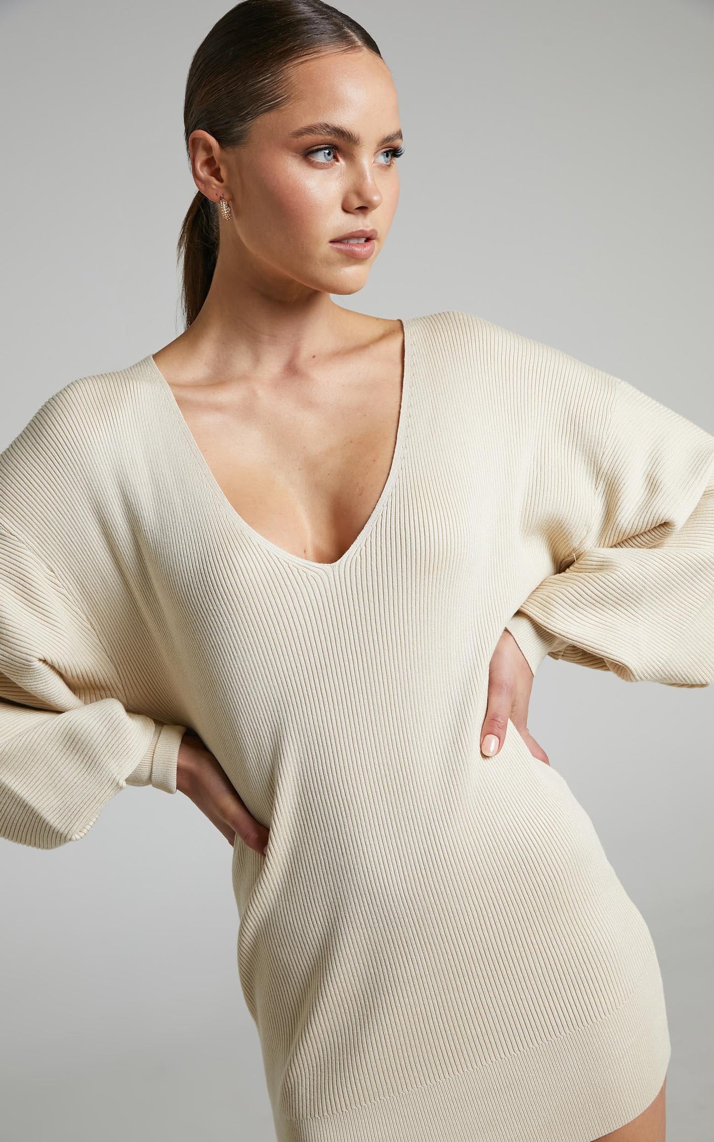 Rubyline Balloon Sleeve Bodycon Knit Mini Dress in Biscuit