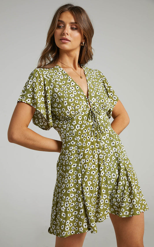Rue Stiic - Leslie Mini Dress in Cosmos Flora Cedar Green