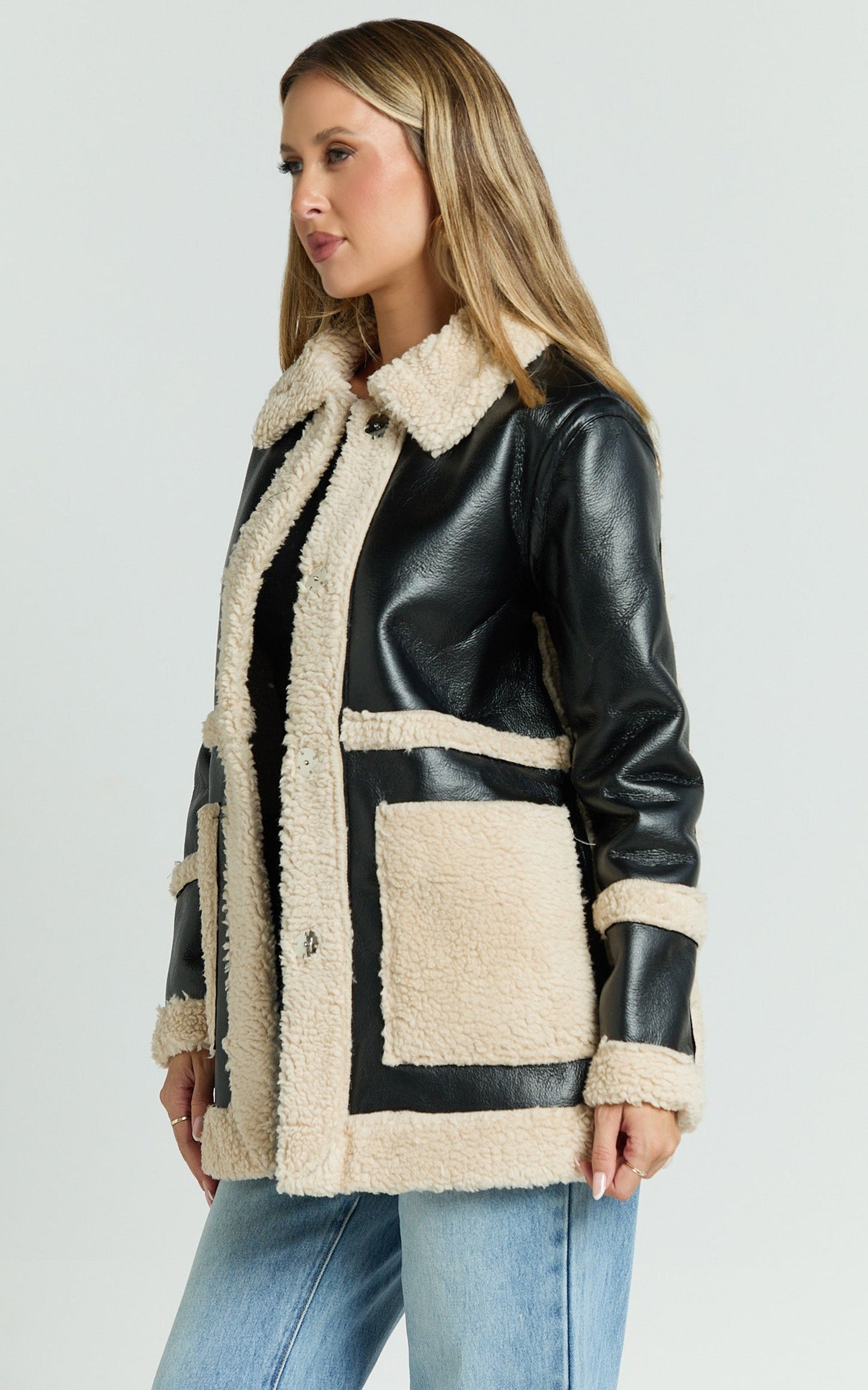 Ruth Jacket - Faux Shearling Aviator Jacket in Black