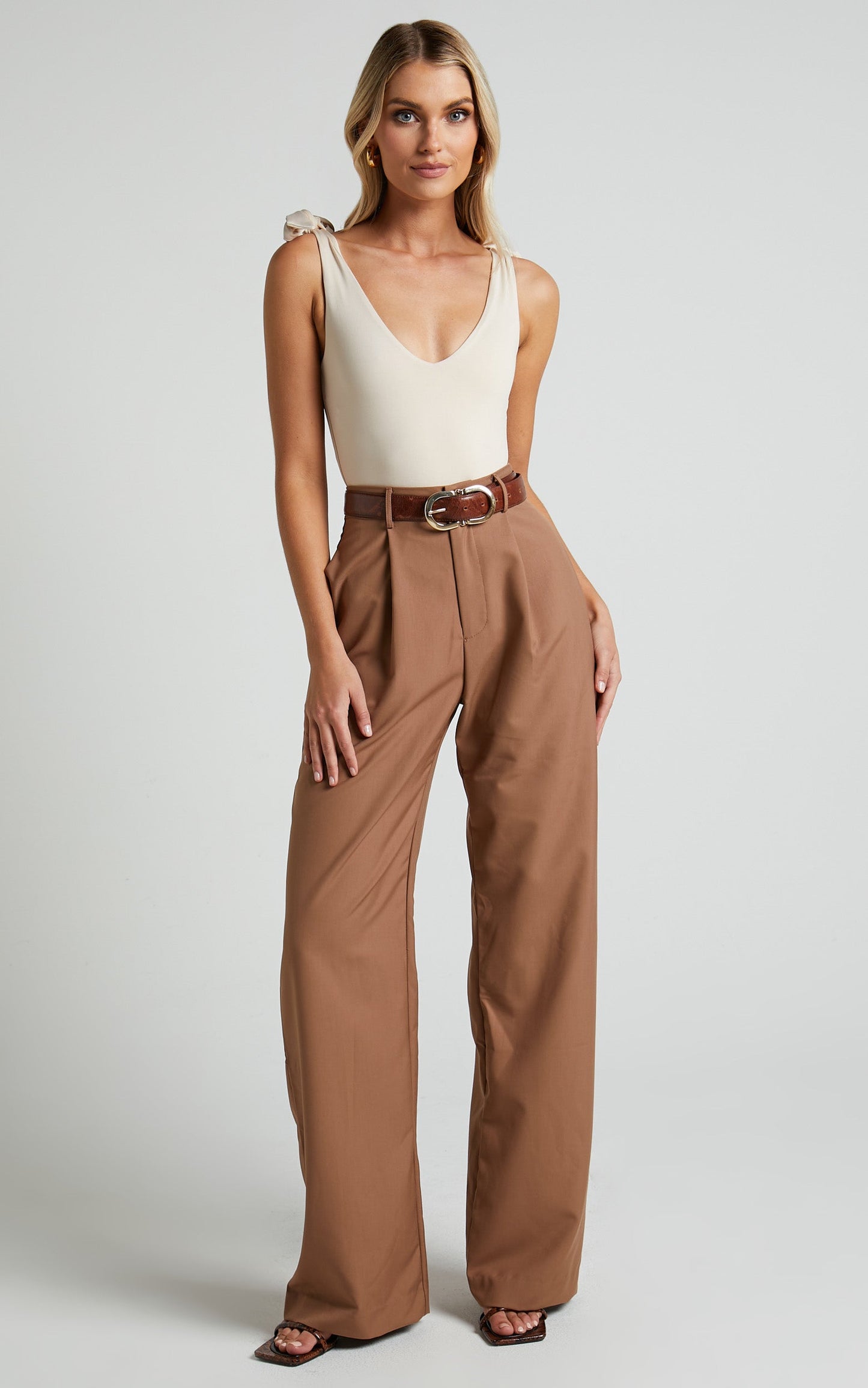 Ryley Bodysuit - V Neck Tie Up Bodysuit in Cream