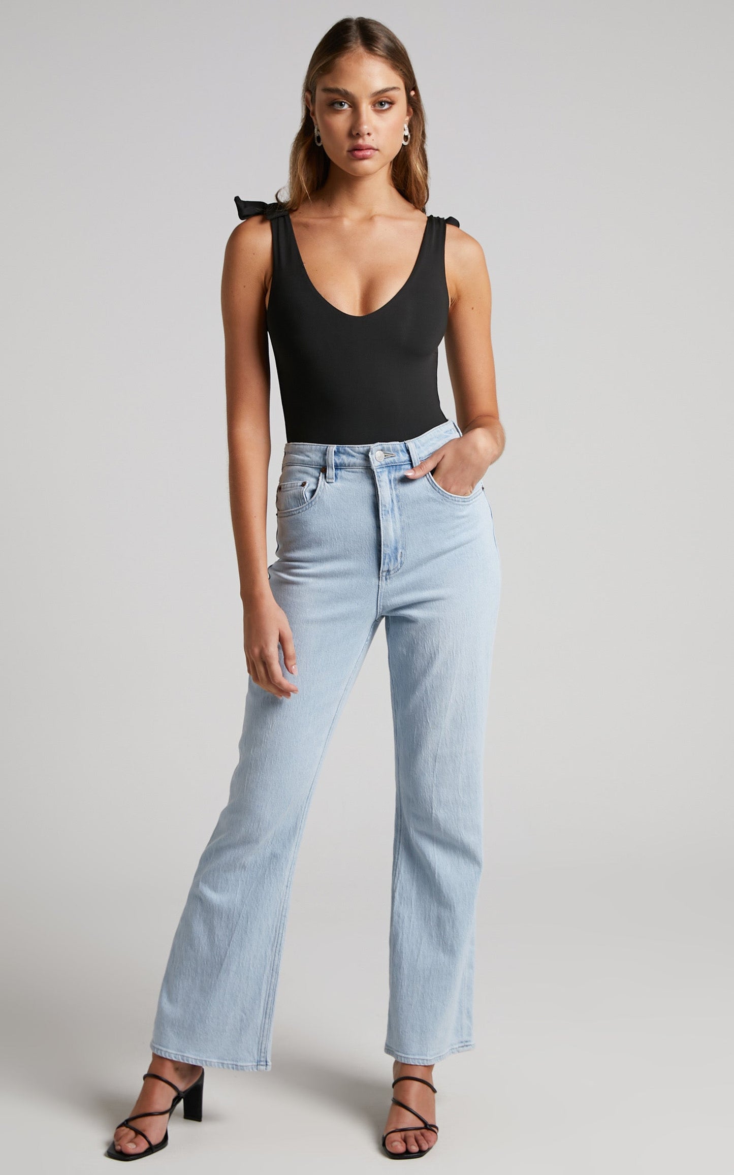 Ryley Bodysuit - V Neck Tie Up Bodysuit in Black