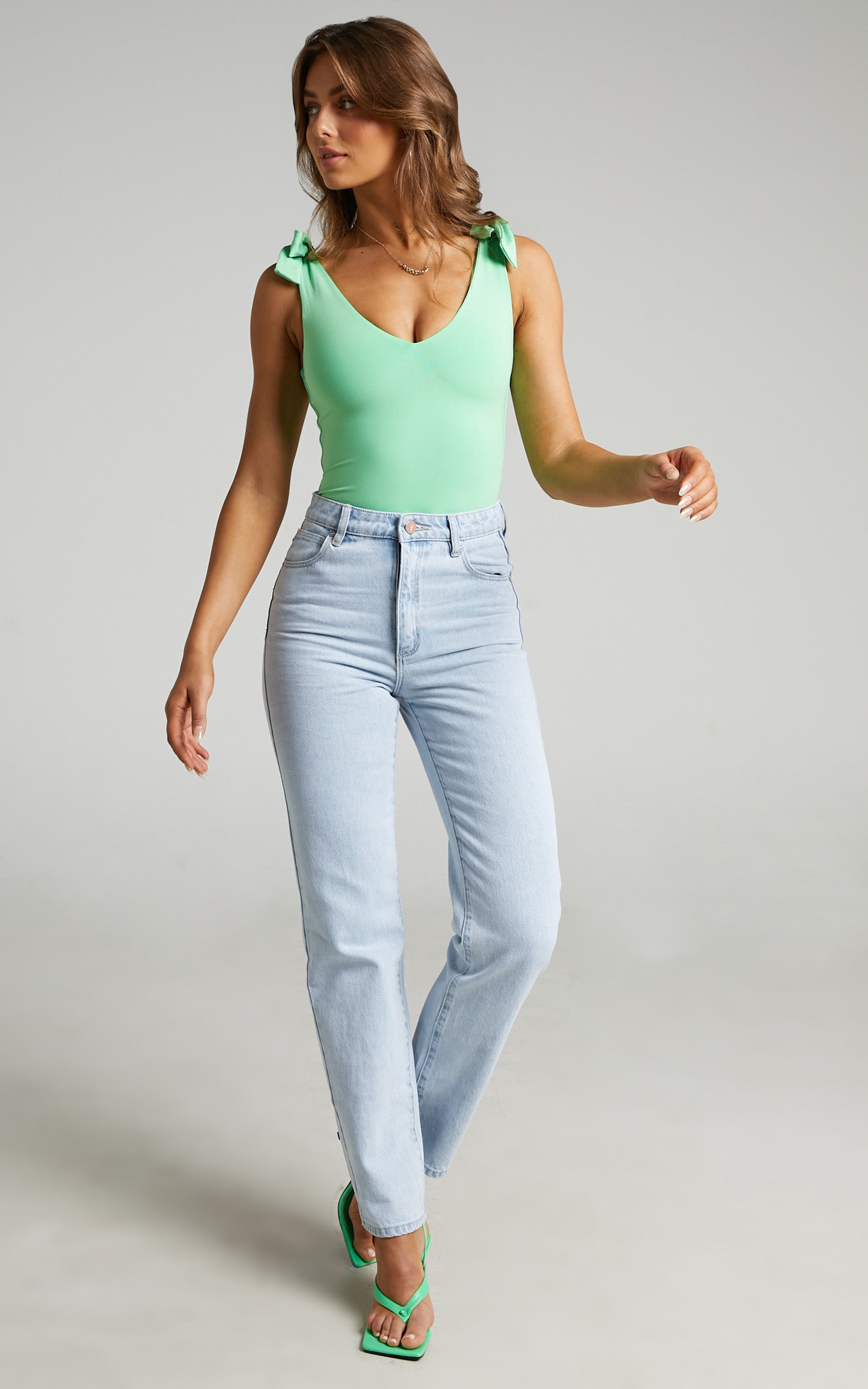 Ryley Bodysuit - V Neck Tie Up Bodysuit in Green