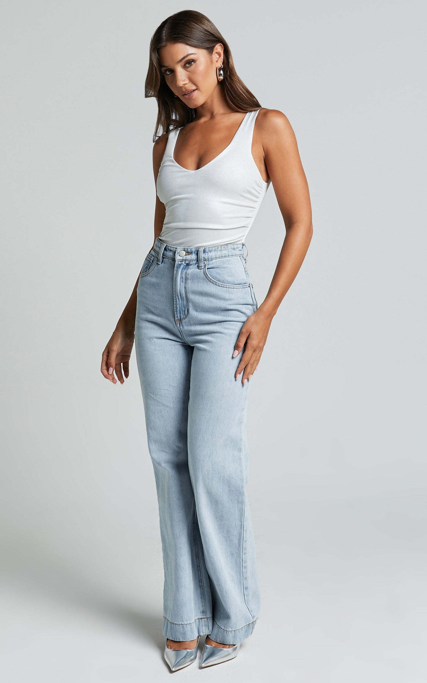 Rylie Bodysuit - Ruched Metallic Bodysuit in Silver