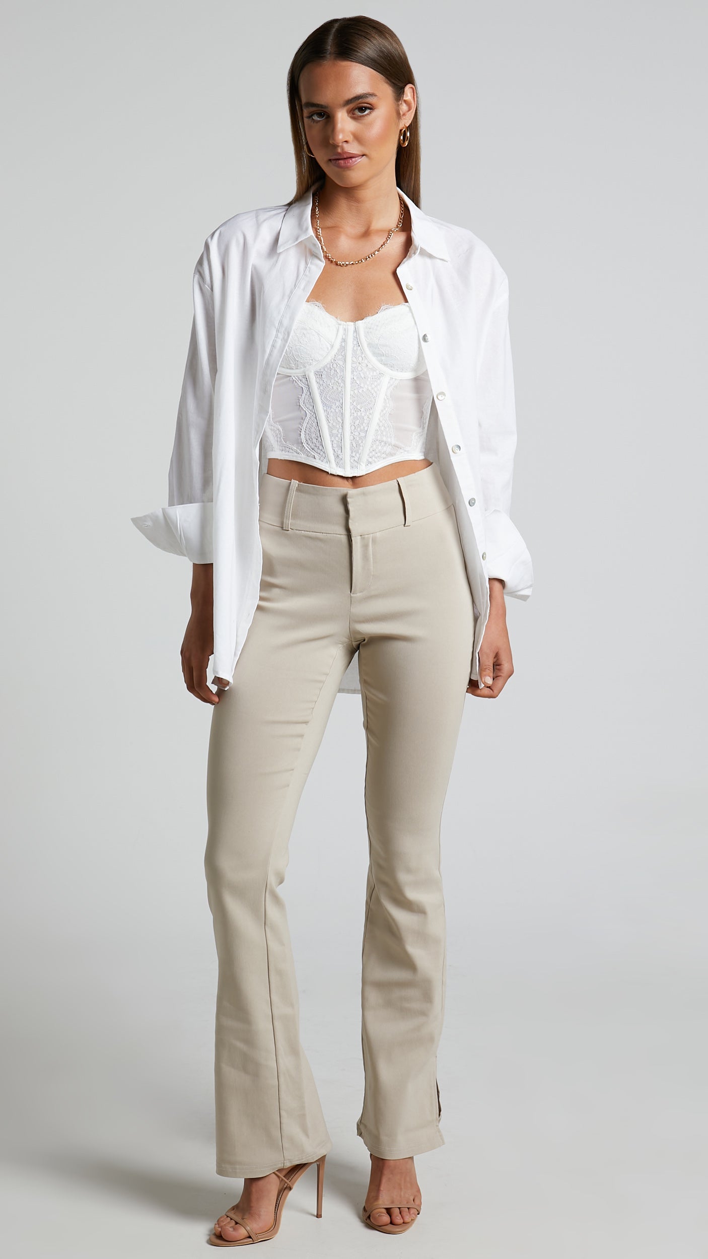 Ryzella Trousers - Mid Rise Split Hem Straight Leg Trousers in Stone