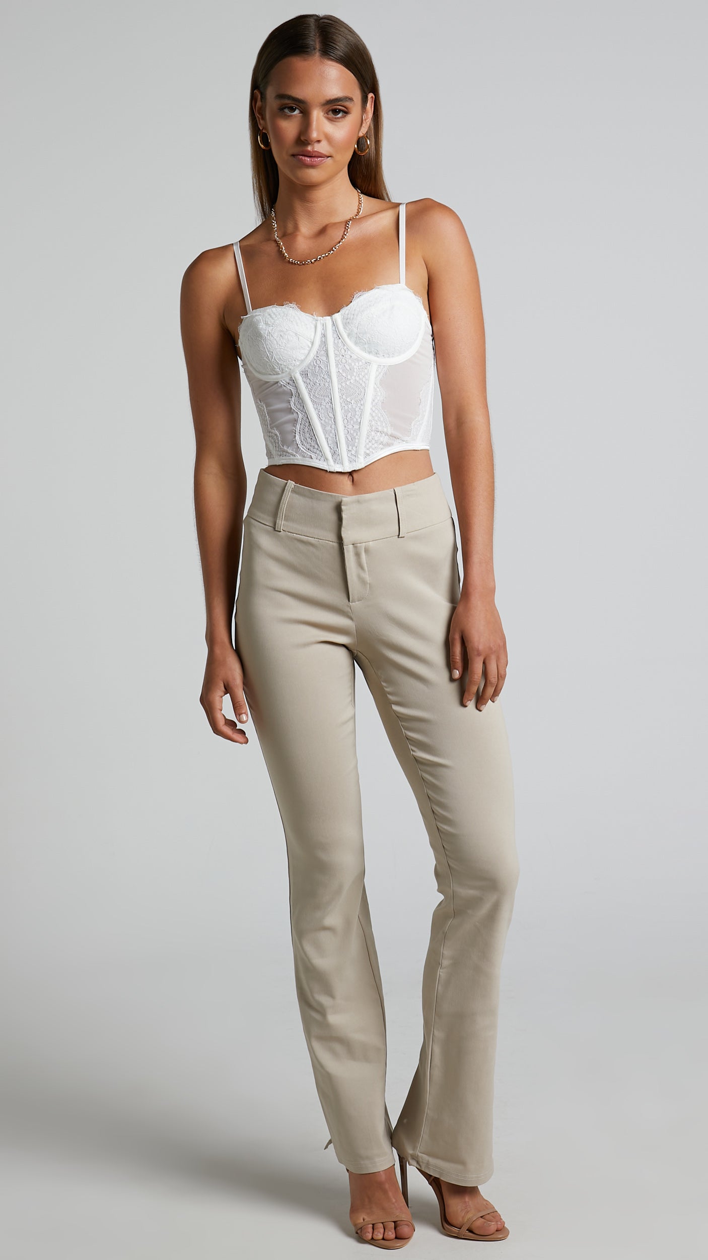 Ryzella Trousers - Mid Rise Split Hem Straight Leg Trousers in Stone