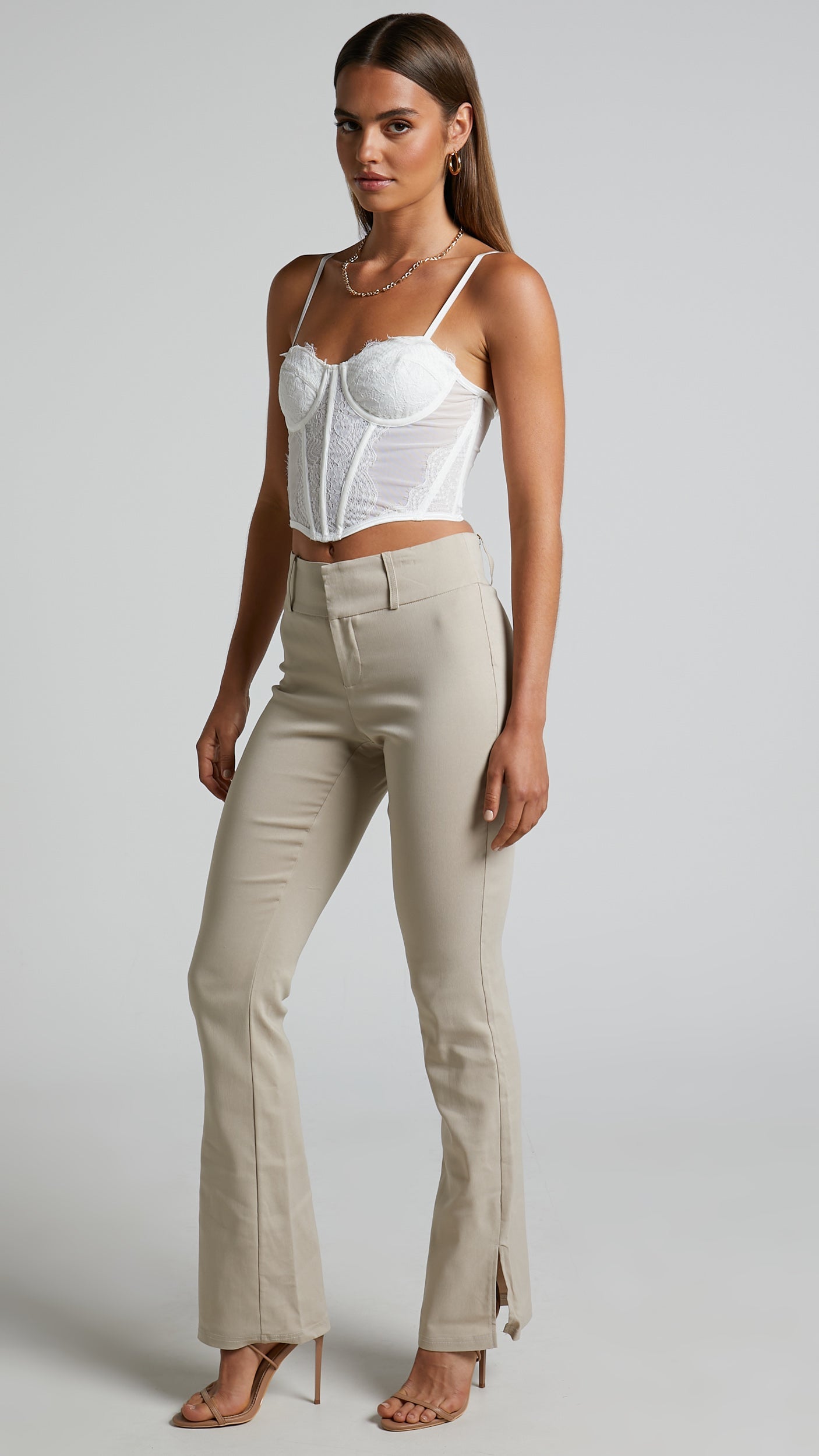 Ryzella Trousers - Mid Rise Split Hem Straight Leg Trousers in Stone
