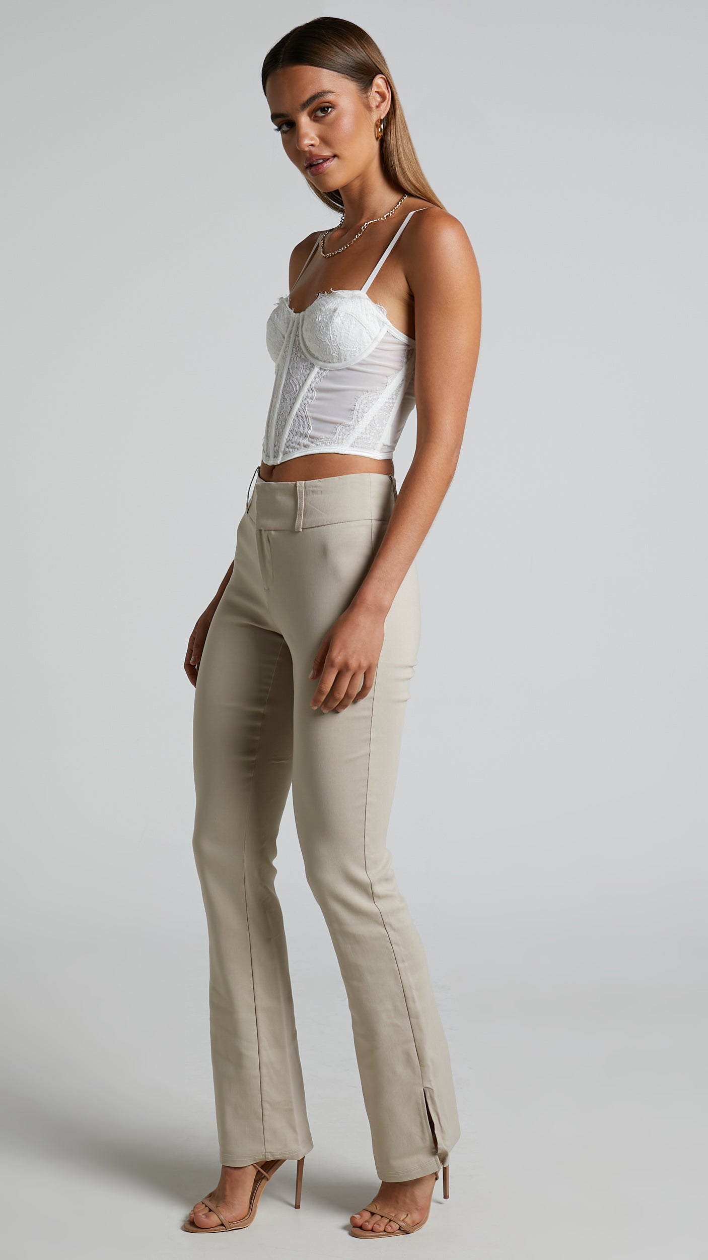 Ryzella Trousers - Mid Rise Split Hem Straight Leg Trousers in Stone