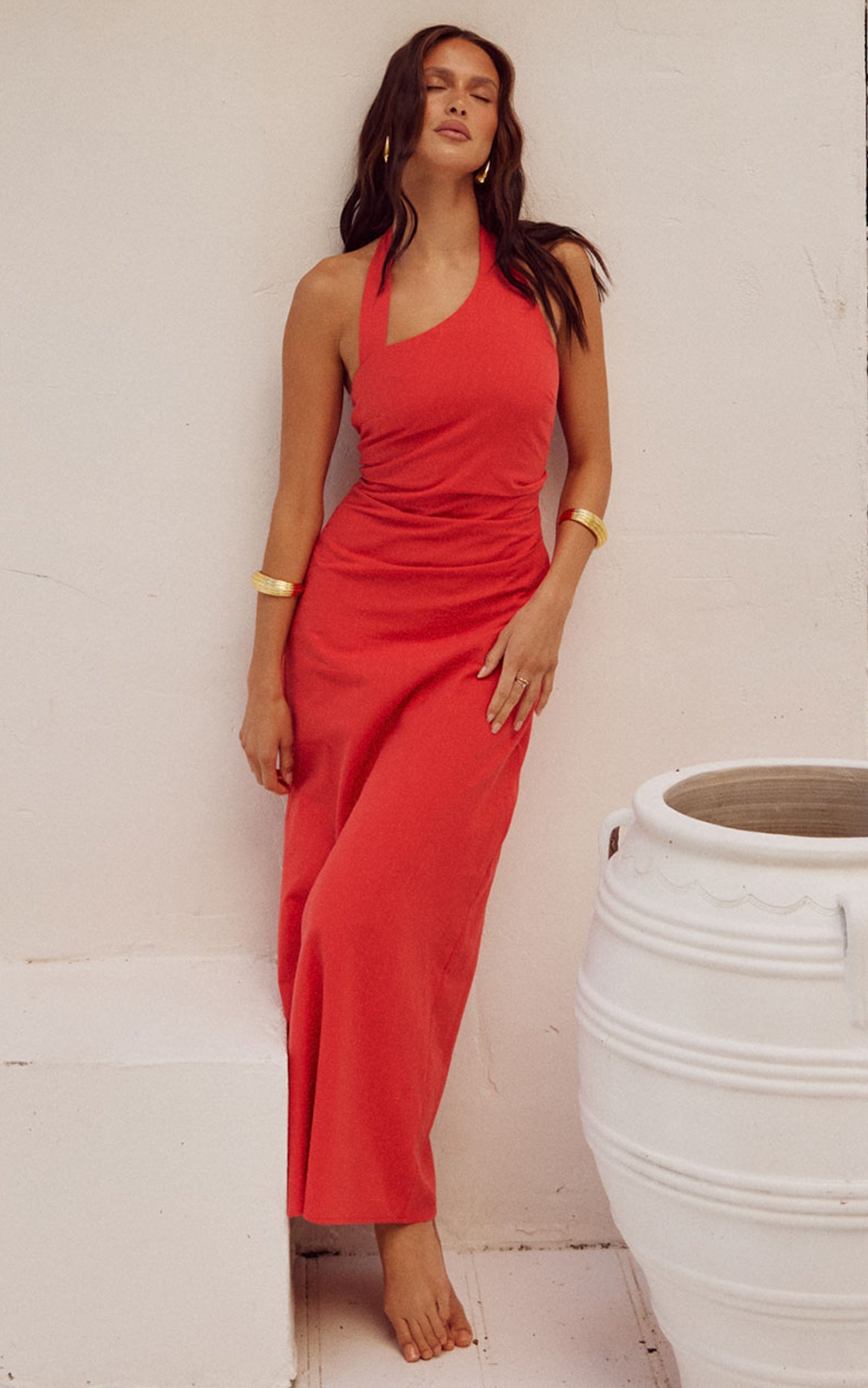 Runaway The Label - Saphira Long Midi Linen Blend Dress in JAFFA