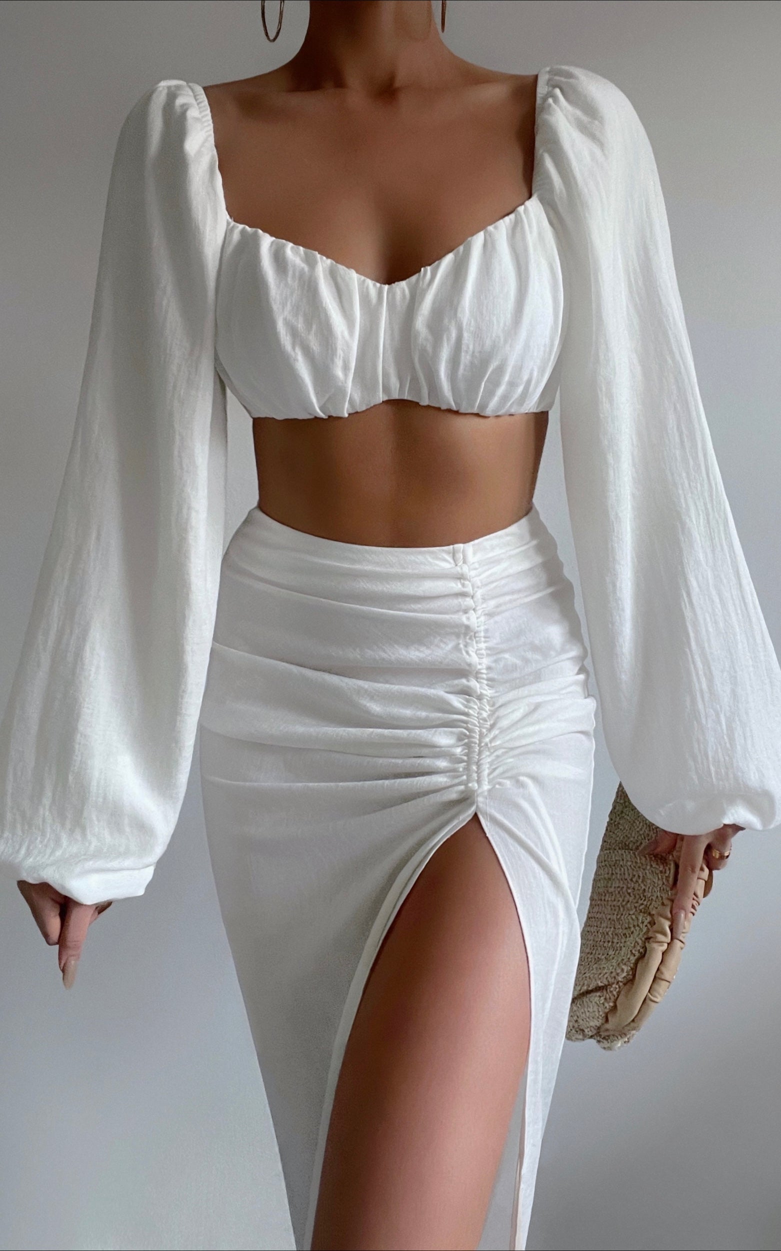 Shamir Two Piece Set - Balloon Sleeve Crop Top and Ruched Split Midi Skirt Set in White