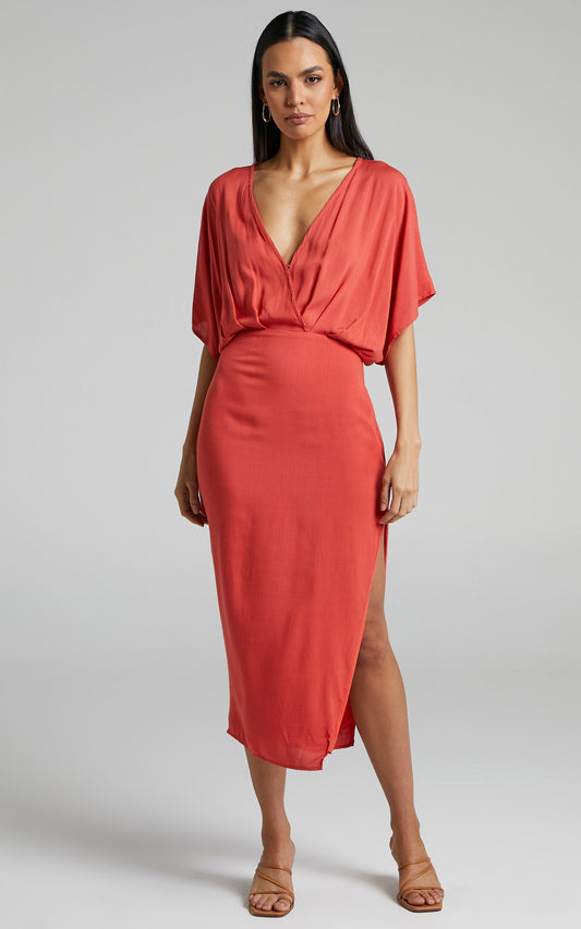 Sunshine Plunge Neck Midi Dress in Burnt Orange