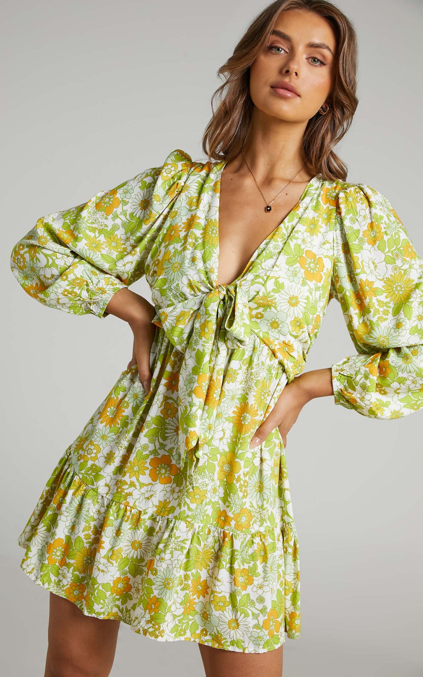 Sabella Mini Dress - Rayon Balloon Sleeve Dress in Harmony Floral