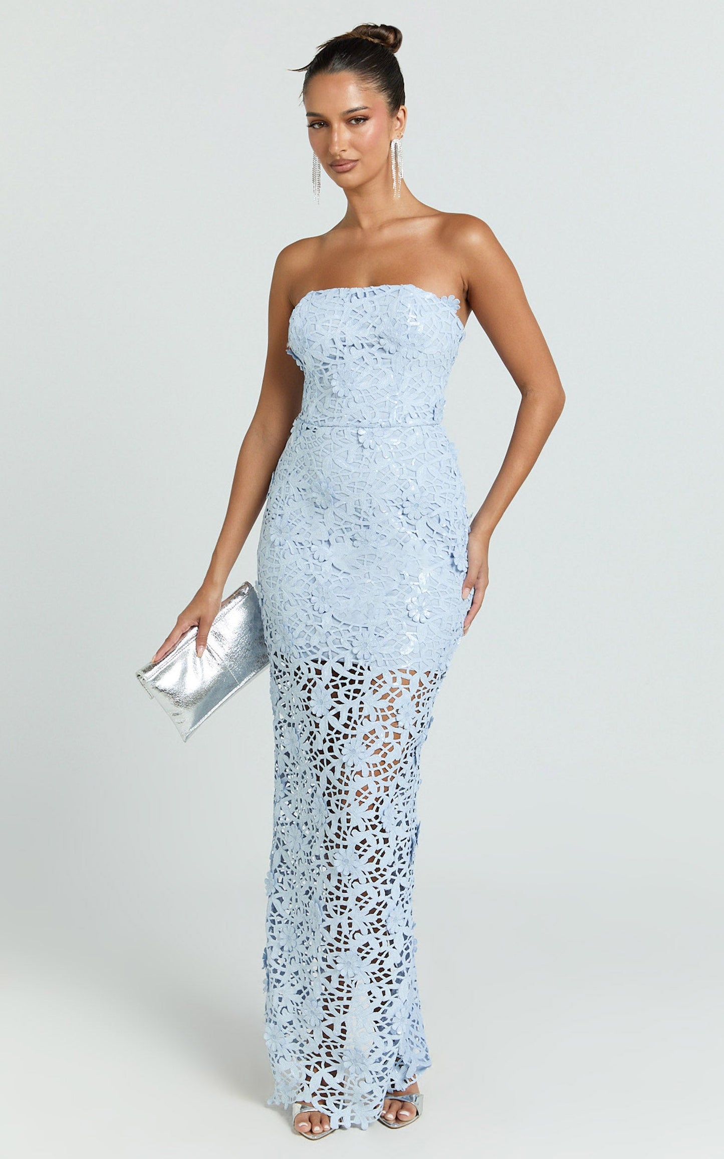 Sabine Maxi Dress - 3D Sequin Floral Strapless in Sky Blue