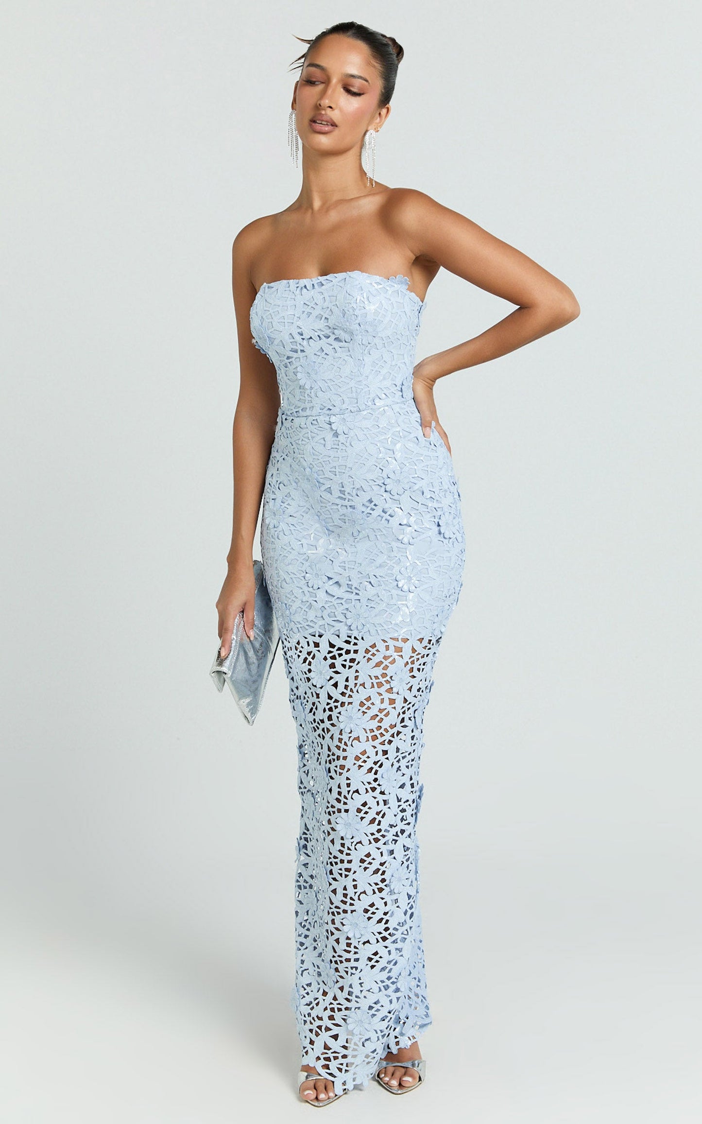 Sabine Maxi Dress - 3D Sequin Floral Strapless in Sky Blue