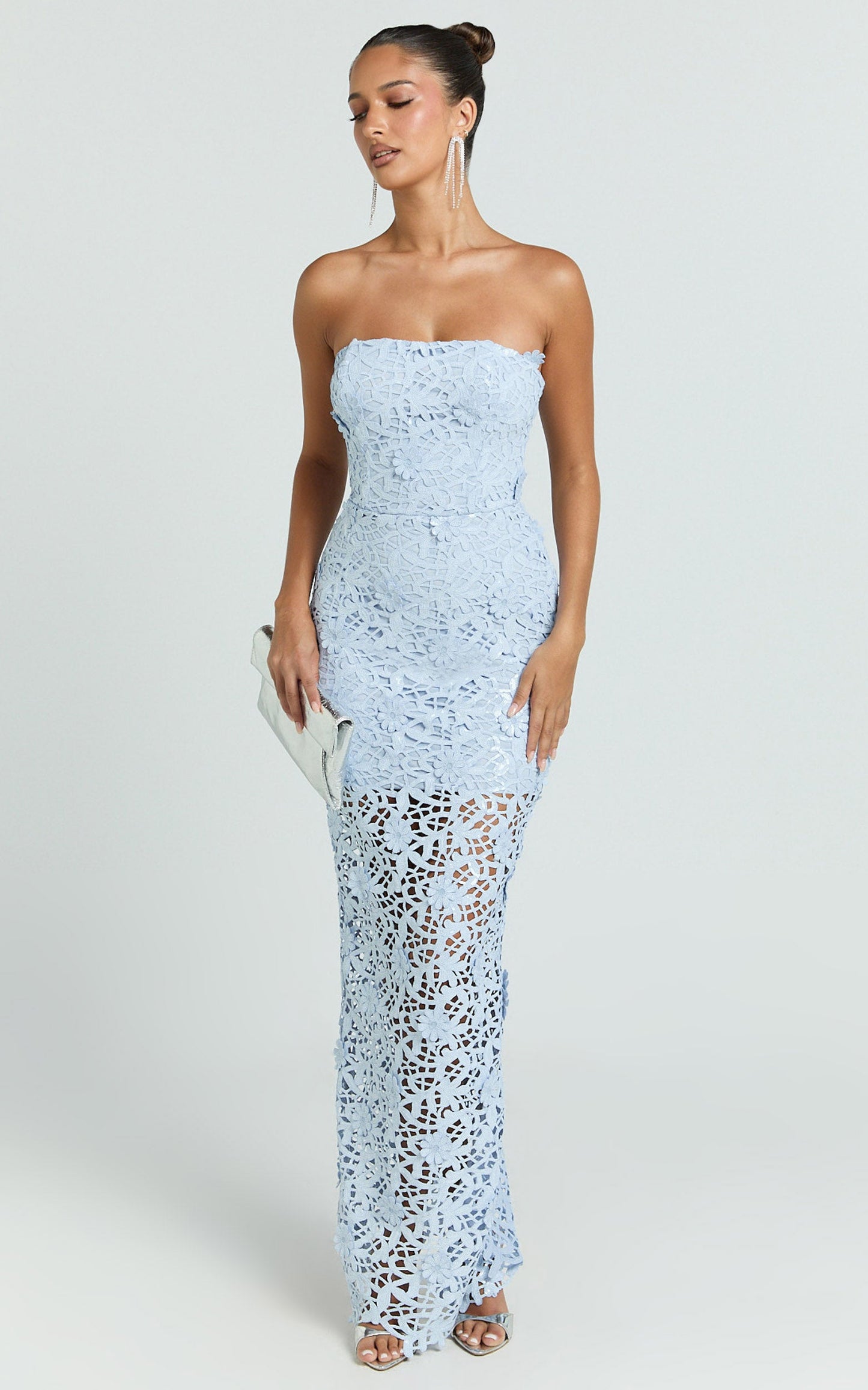 Sabine Maxi Dress - 3D Sequin Floral Strapless in Sky Blue