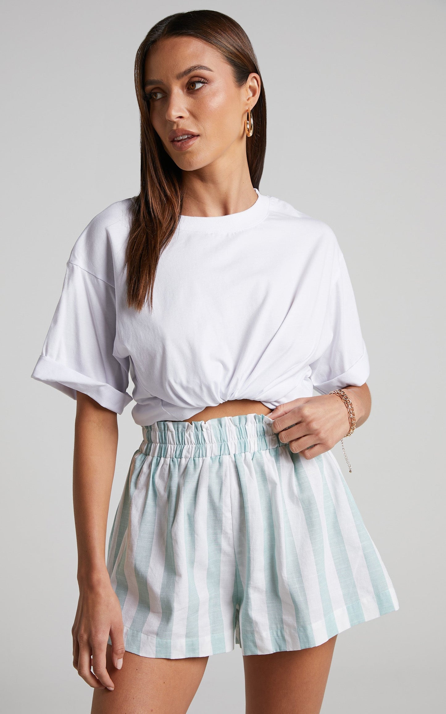 Sahle Shorts - High Waisted Striped Shorts in Mint