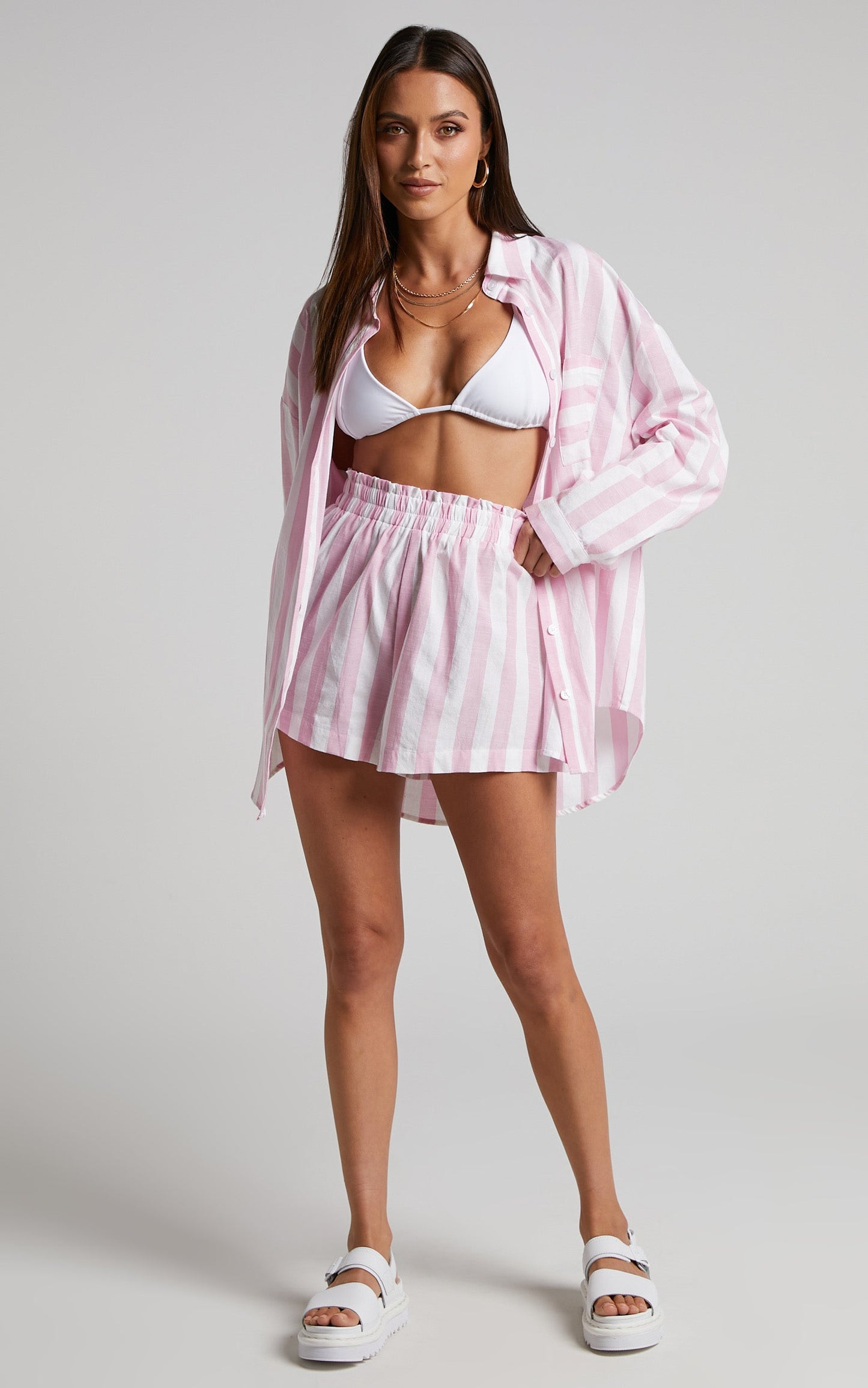Sahle Shorts - High Waisted Striped Shorts in Pink