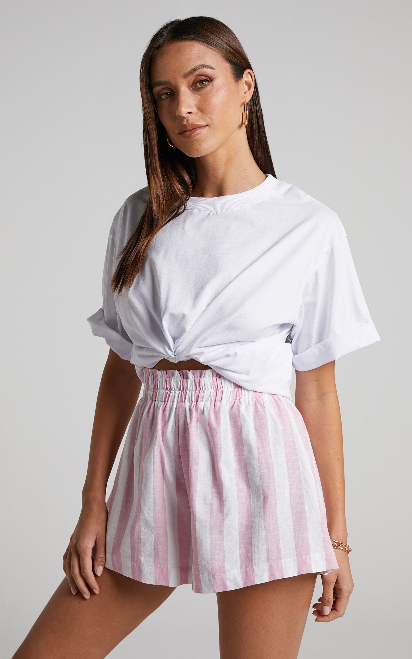 Sahle Shorts - High Waisted Striped Shorts in Pink