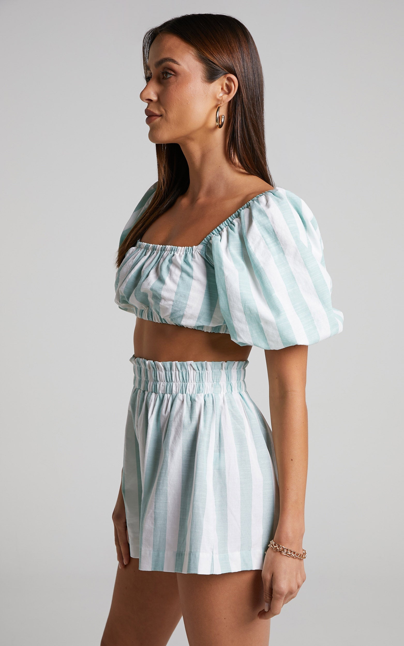 Sahle Top - Striped Puff Sleeve Crop Top in Mint