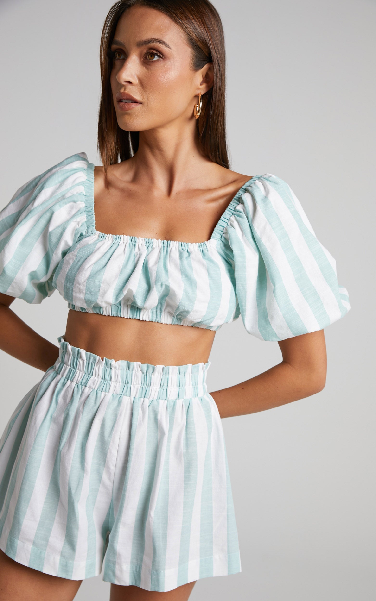 Sahle Top - Striped Puff Sleeve Crop Top in Mint