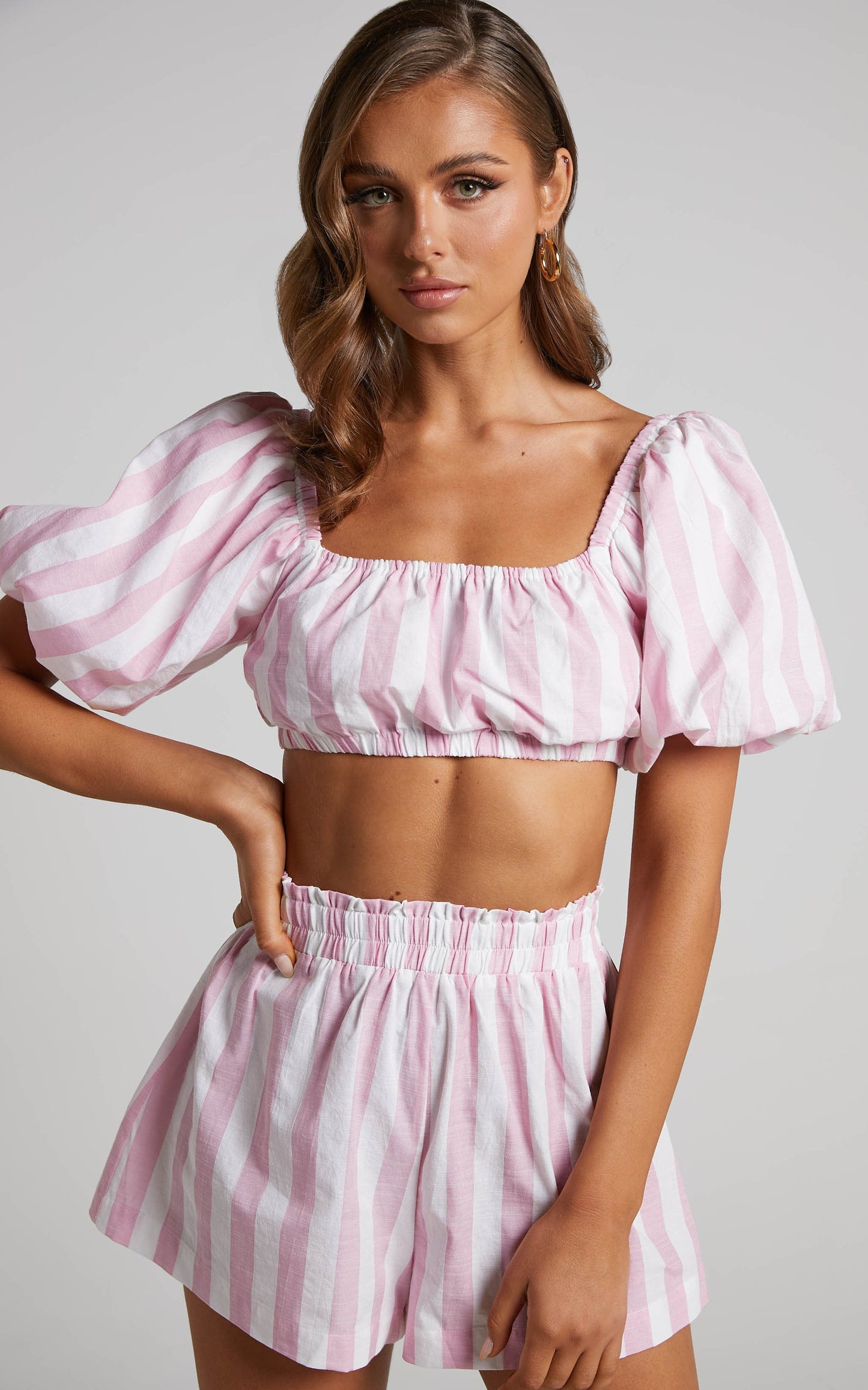 Sahle Top - Striped Puff Sleeve Crop Top in Pink