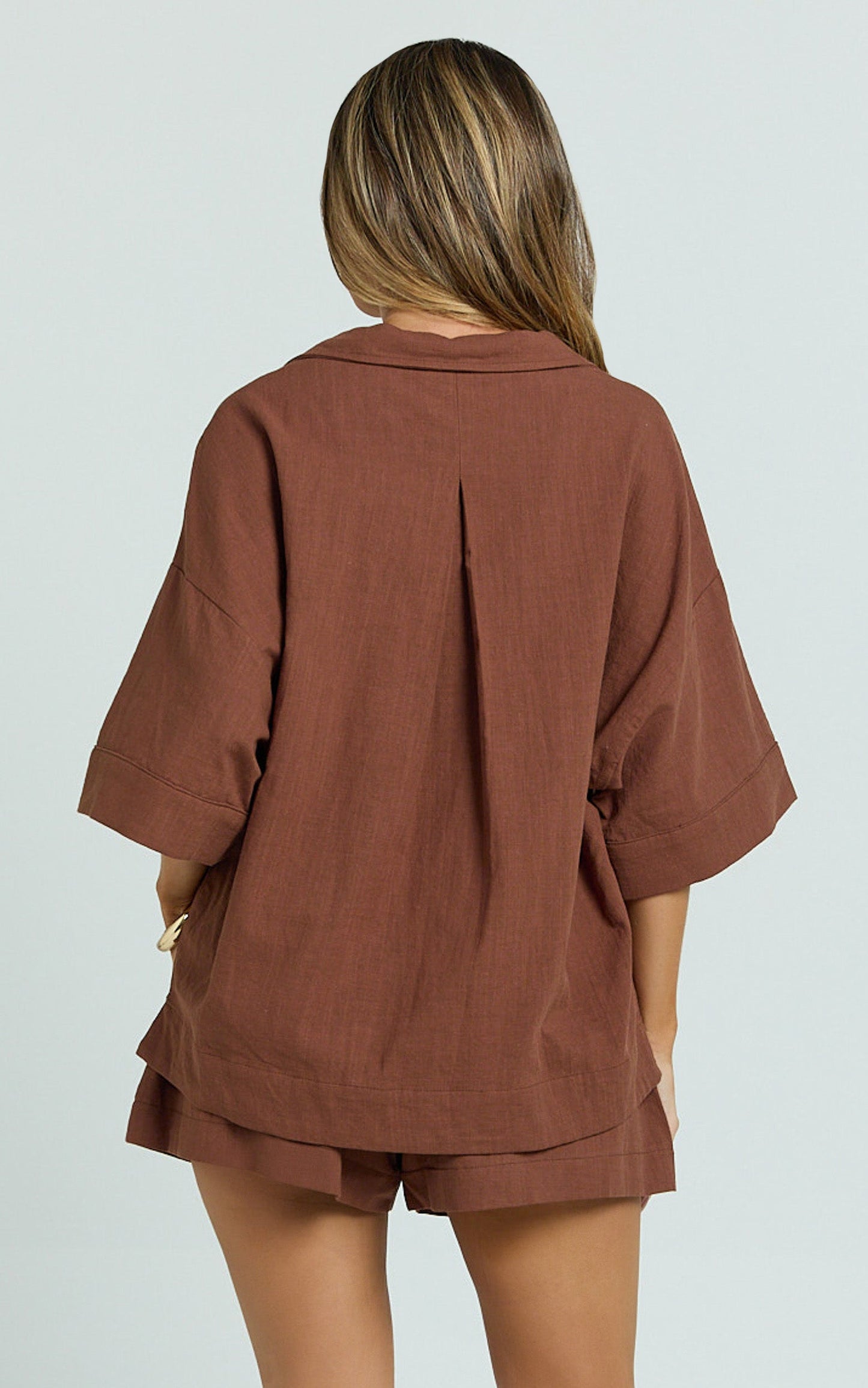 Saina Two Piece Set - Button Through Shirt and Drawstring Shorts Set in Chocolate