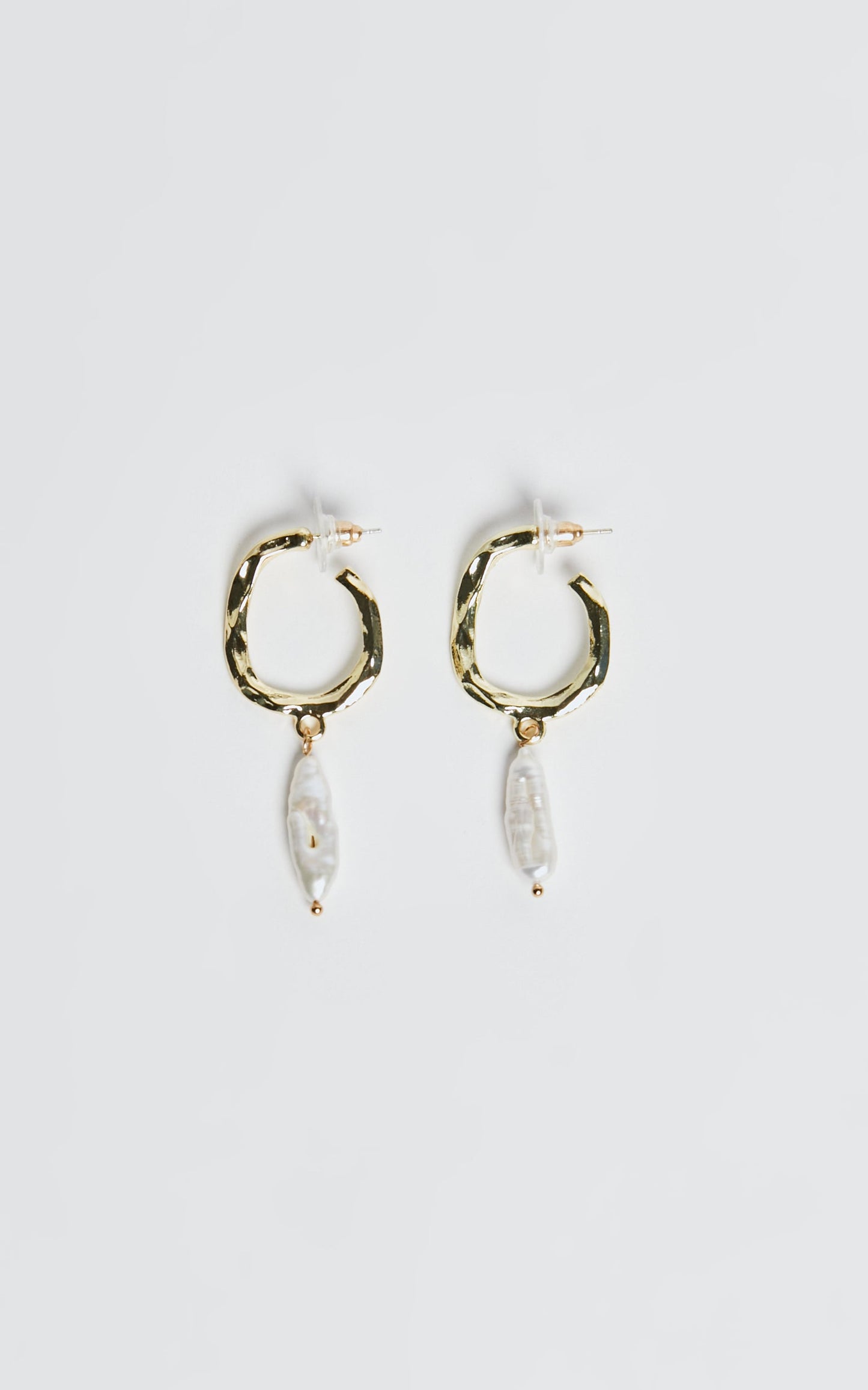 Sally Earrings - Rustic Hoop Pearl Drop Earrings in Gold