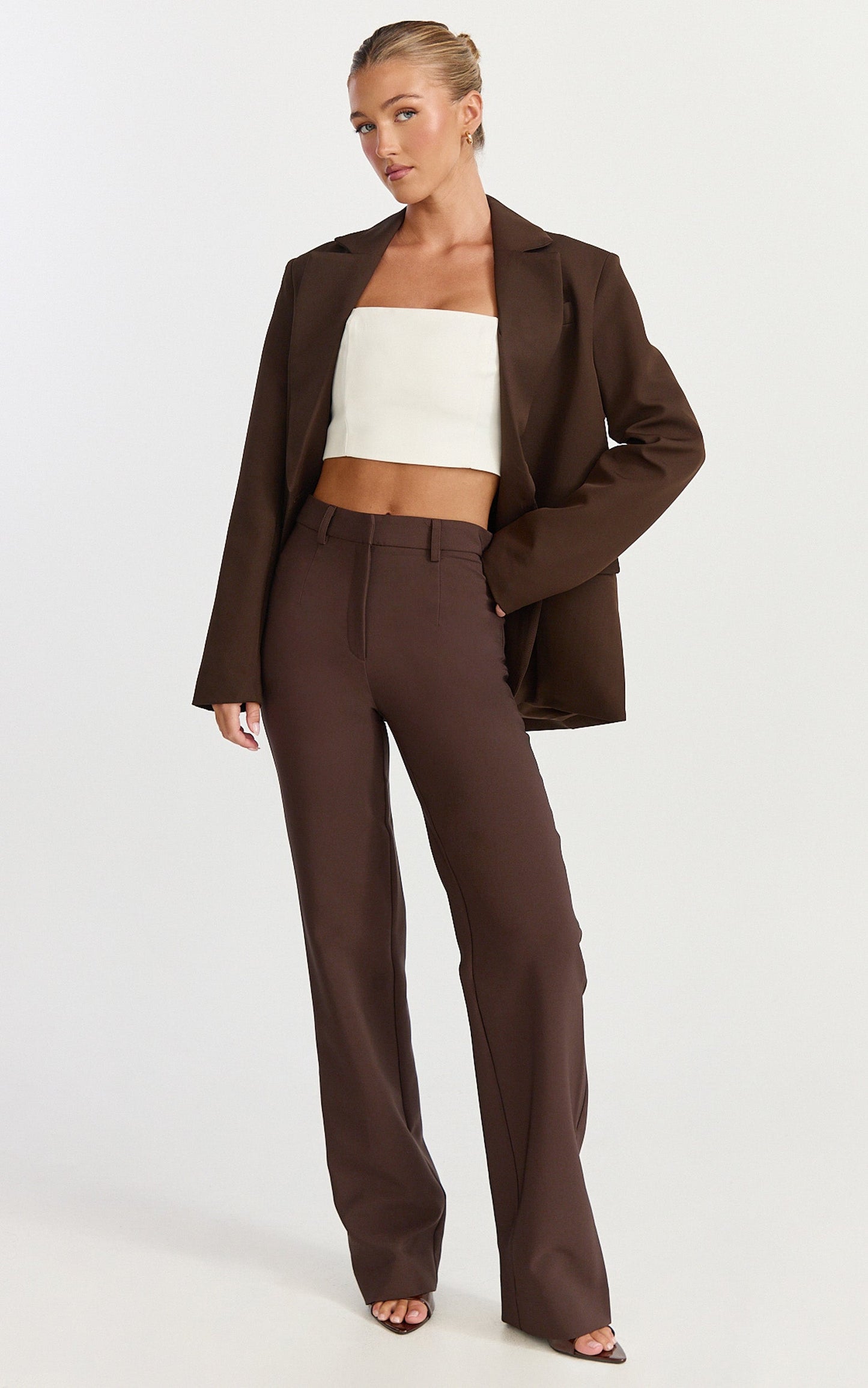 Sally Pants - Mid Waisted Straight Leg Tailored Pants in Chocolate