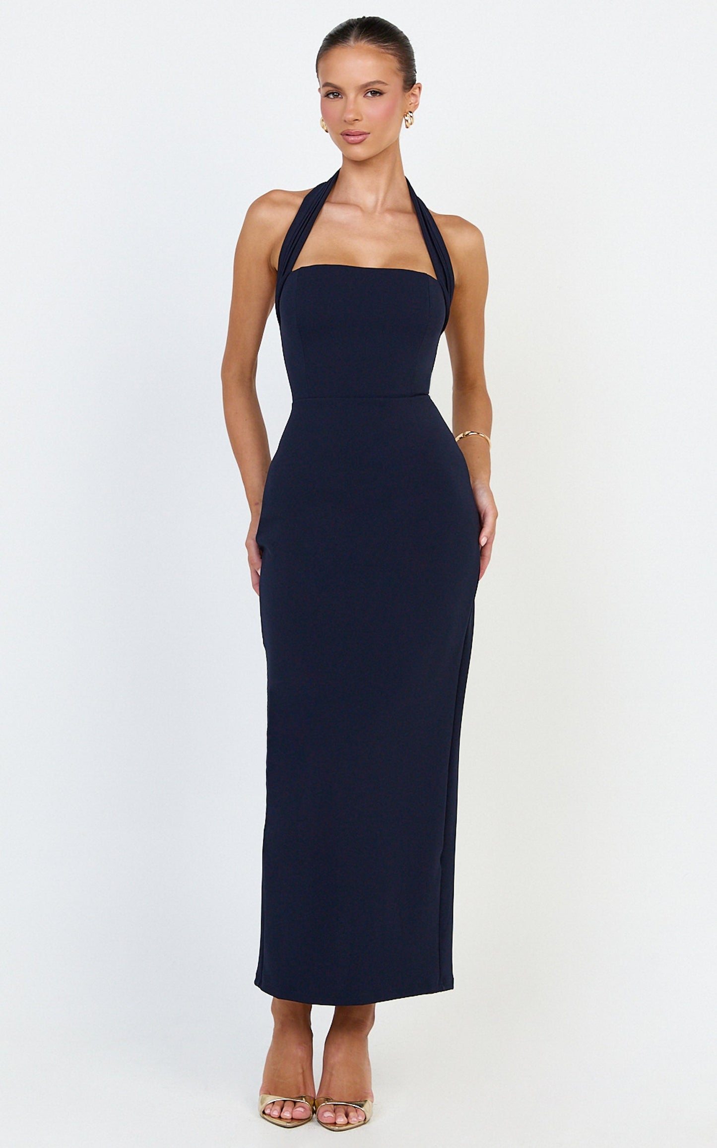 Salome Midi Dress - Halter Neck Column Dress in Navy