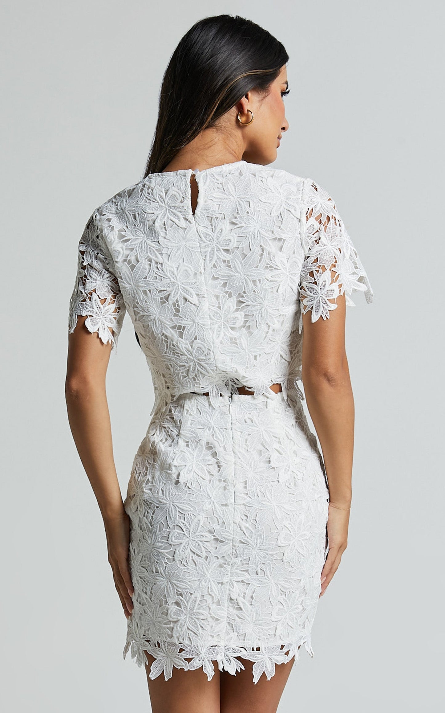 Salvi Two Piece Set - Short Sleeve Top and Mini Skirt Lace Set in Off White