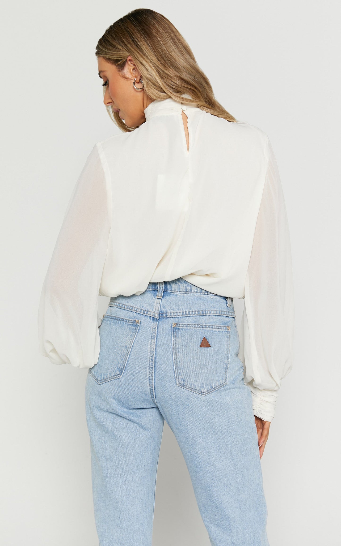 Samantha Blouse - Draped High Neck Long Sleeve Top in White