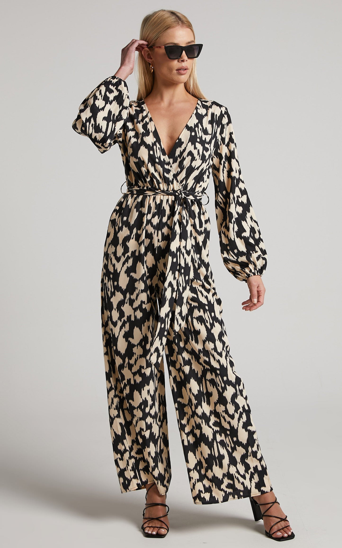 Samara Jumpsuit - V Neck Long Sleeve Wide Leg Jumpsuit in Black Abstract Print